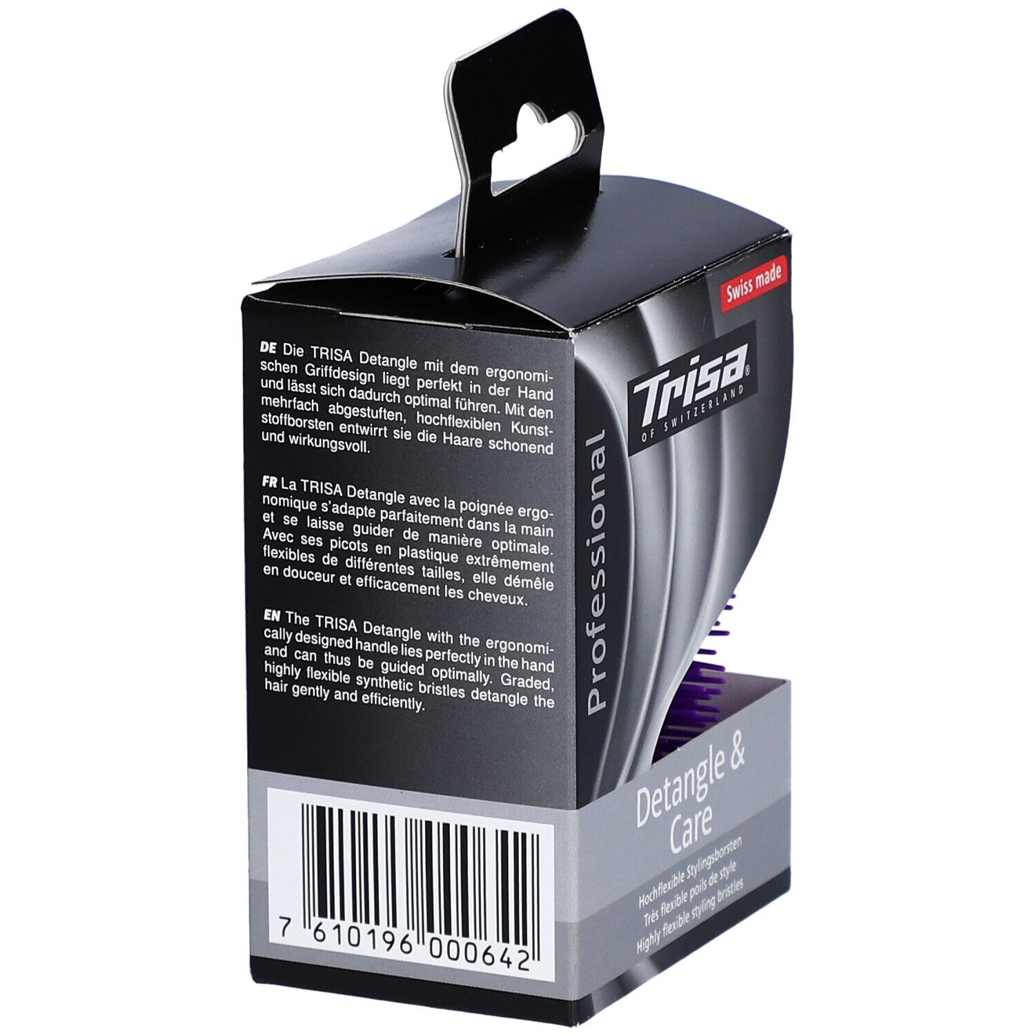 Rückseite der Verpackung der Trisa Detangle Brosse à cheveux S. Text in Deutsch, Französisch und Englisch. Swiss made.