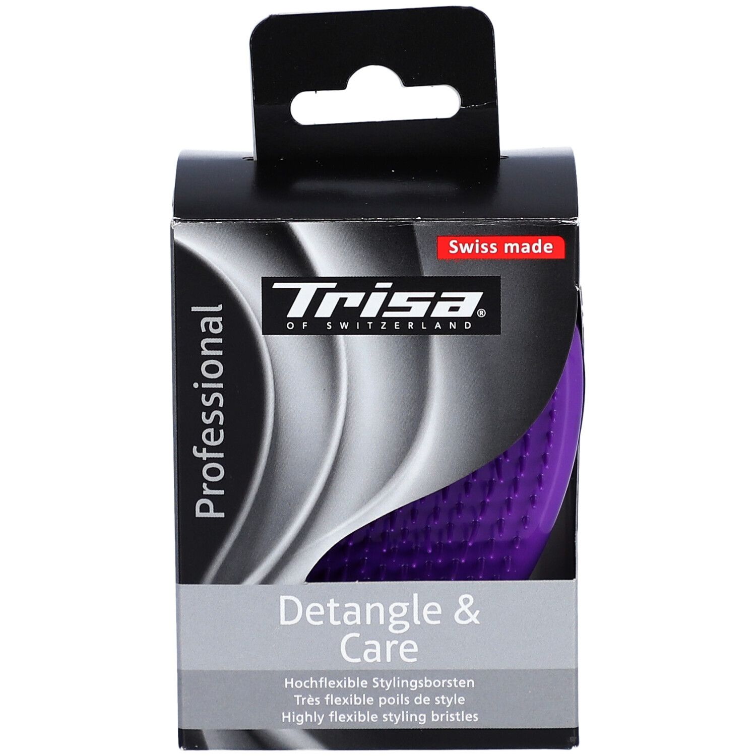 Vorderseite der Verpackung der Trisa Detangle Brosse à cheveux S. Lila Bürste sichtbar. Swiss made. Professionell.