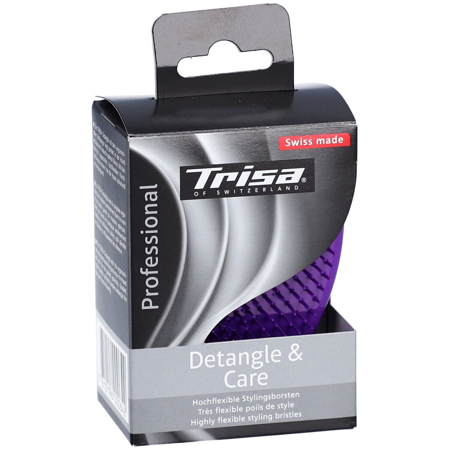 Vorderseite der Verpackung der Trisa Detangle Brosse à cheveux S. Lila Bürste sichtbar. Swiss made. Professionell.