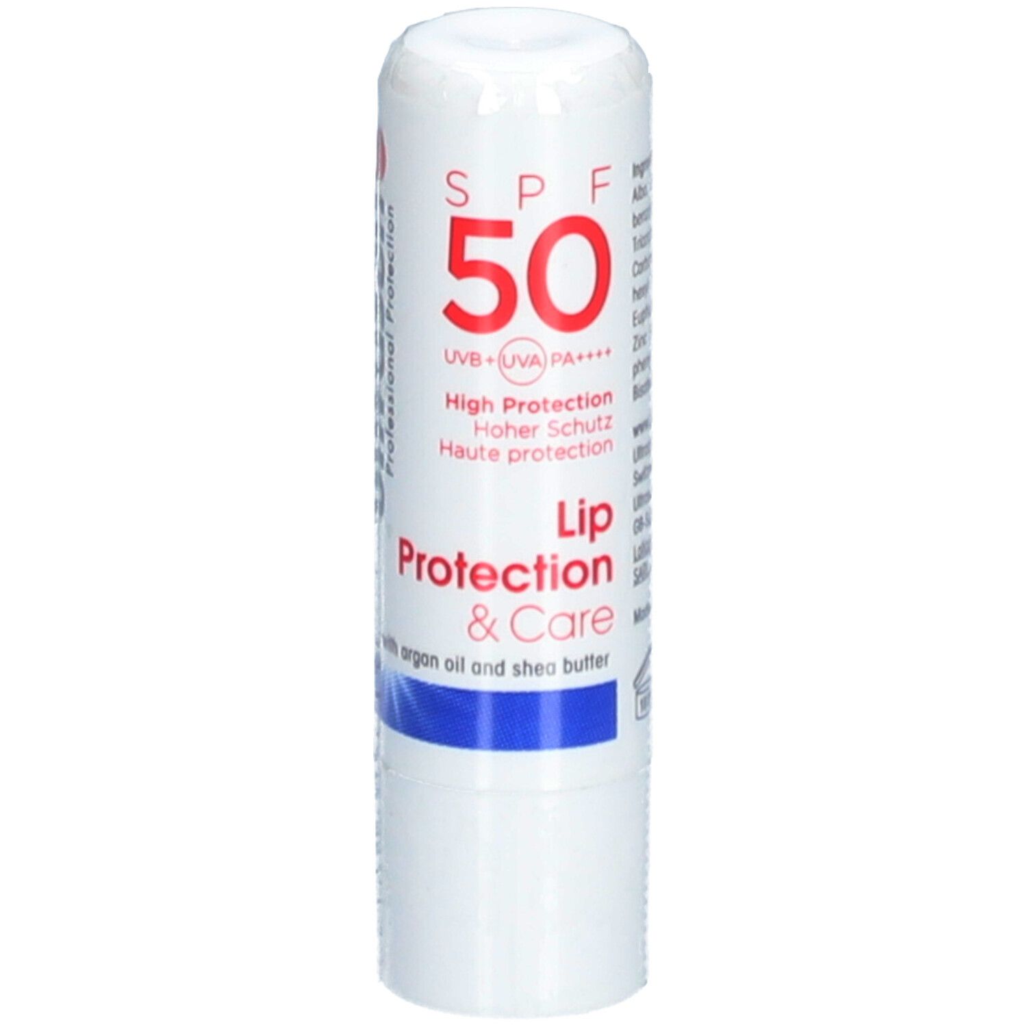 Weißer Lippenpflegestift mit roter SPF 50-Kennzeichnung. Text: Lip Protection & Care, hoher Schutz.