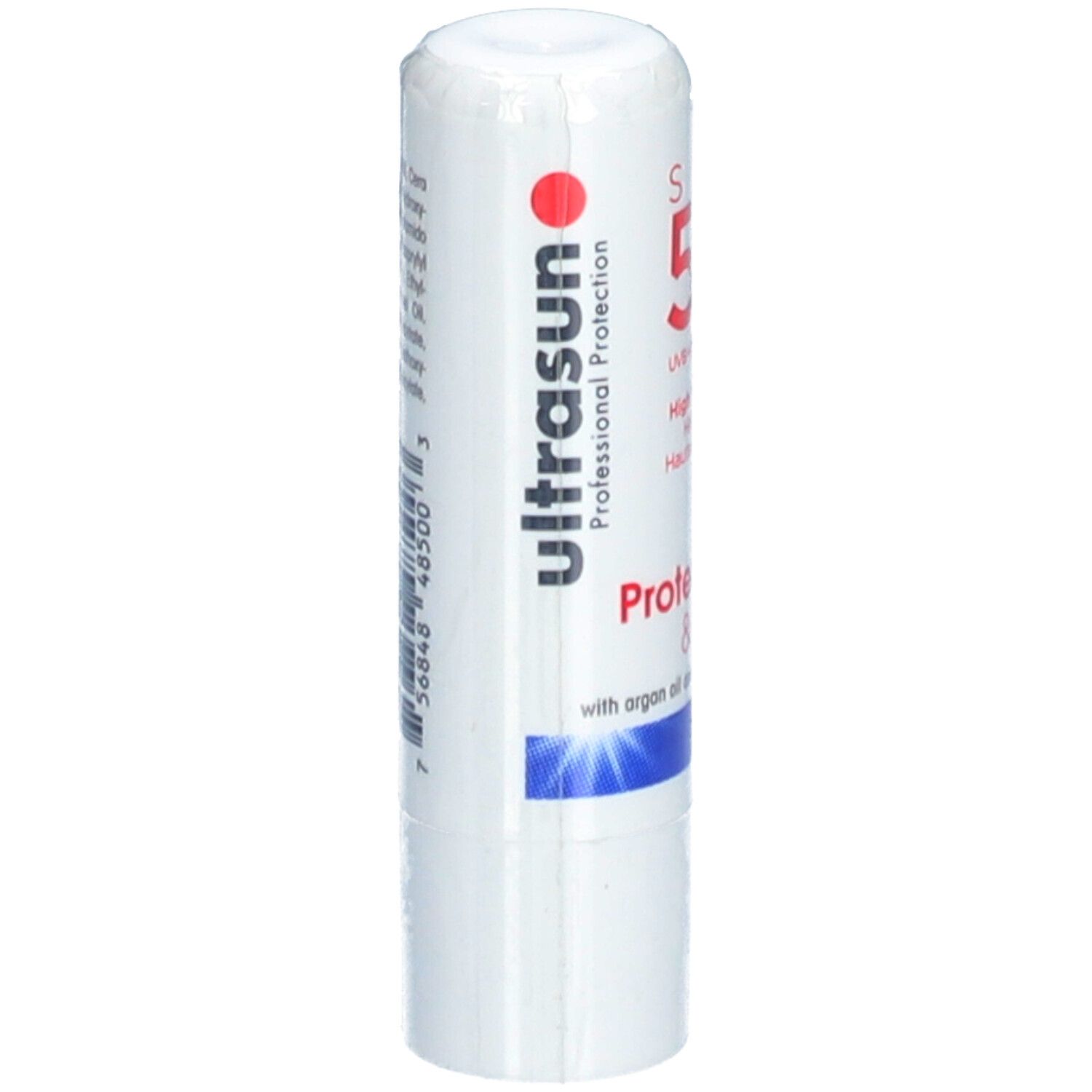 Weißer Lippenpflegestift mit ultrasun-Logo. Text: Professional Protection. Blaue Streifen. Barcode.