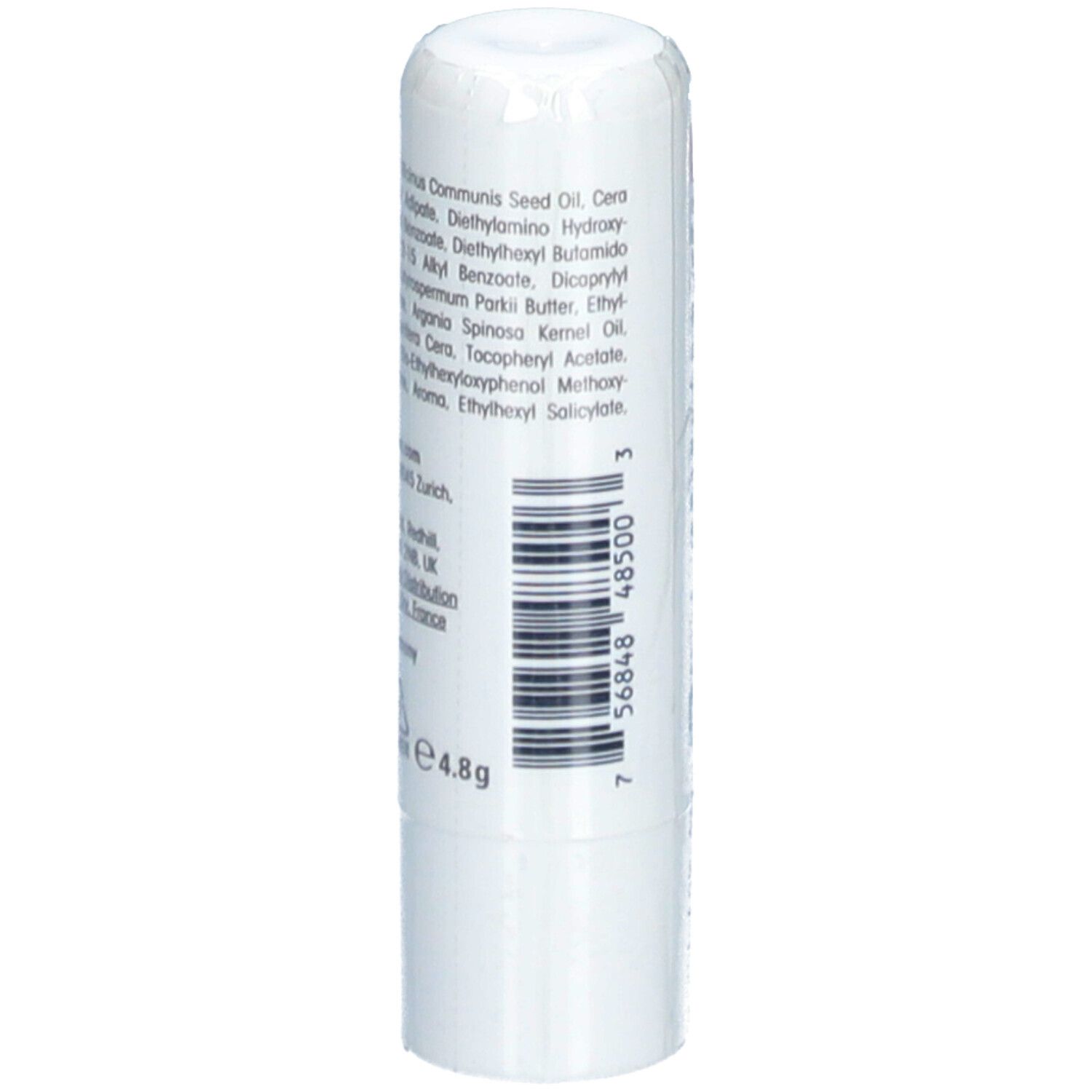Weißer Lippenpflegestift mit Inhaltsstoffliste und Barcode. Text: e 4.8g.