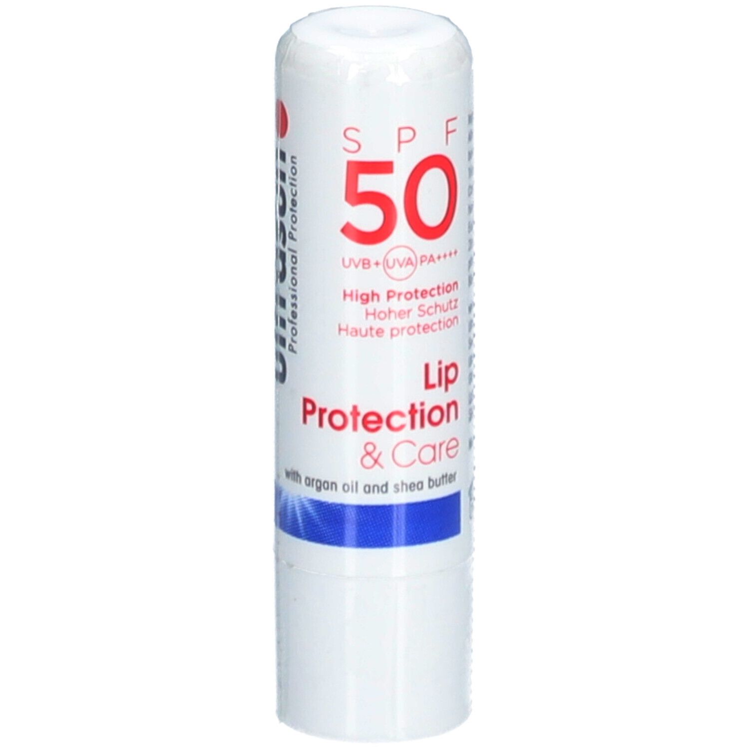 Weißer Lippenpflegestift mit roter SPF 50-Kennzeichnung. Text: Lip Protection & Care, hoher Schutz.