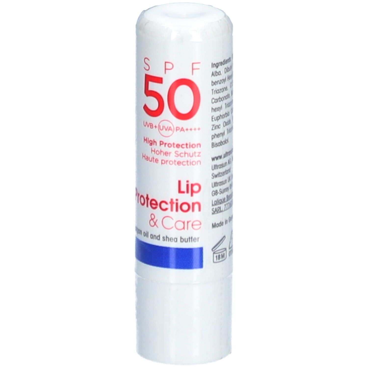 Weißer Lippenpflegestift mit roter SPF 50-Kennzeichnung. Text: Lip Protection & Care, hoher Schutz. Inhaltsstoffe.
