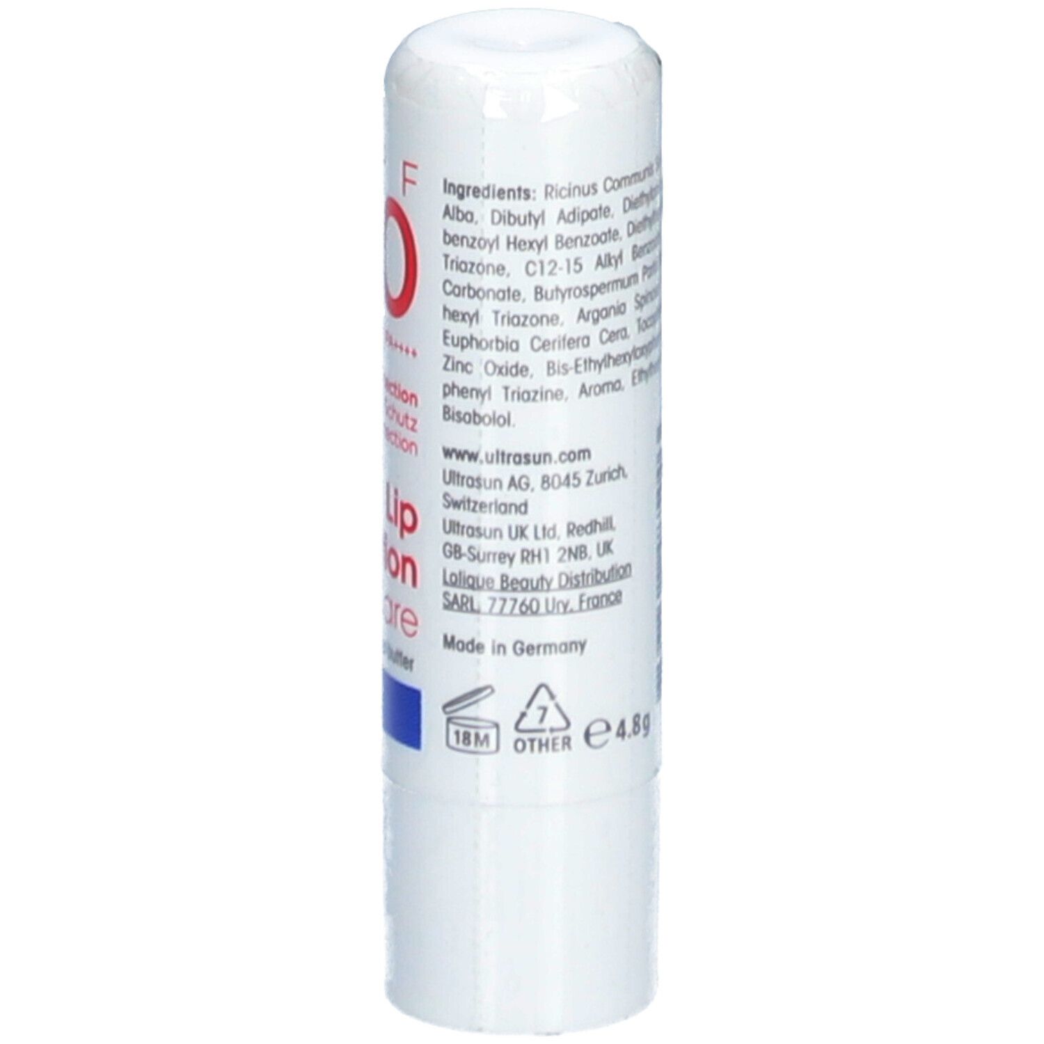 Weißer Lippenpflegestift mit Inhaltsstoffen und Herstelleradresse. Text: e 4.8g, 18M.