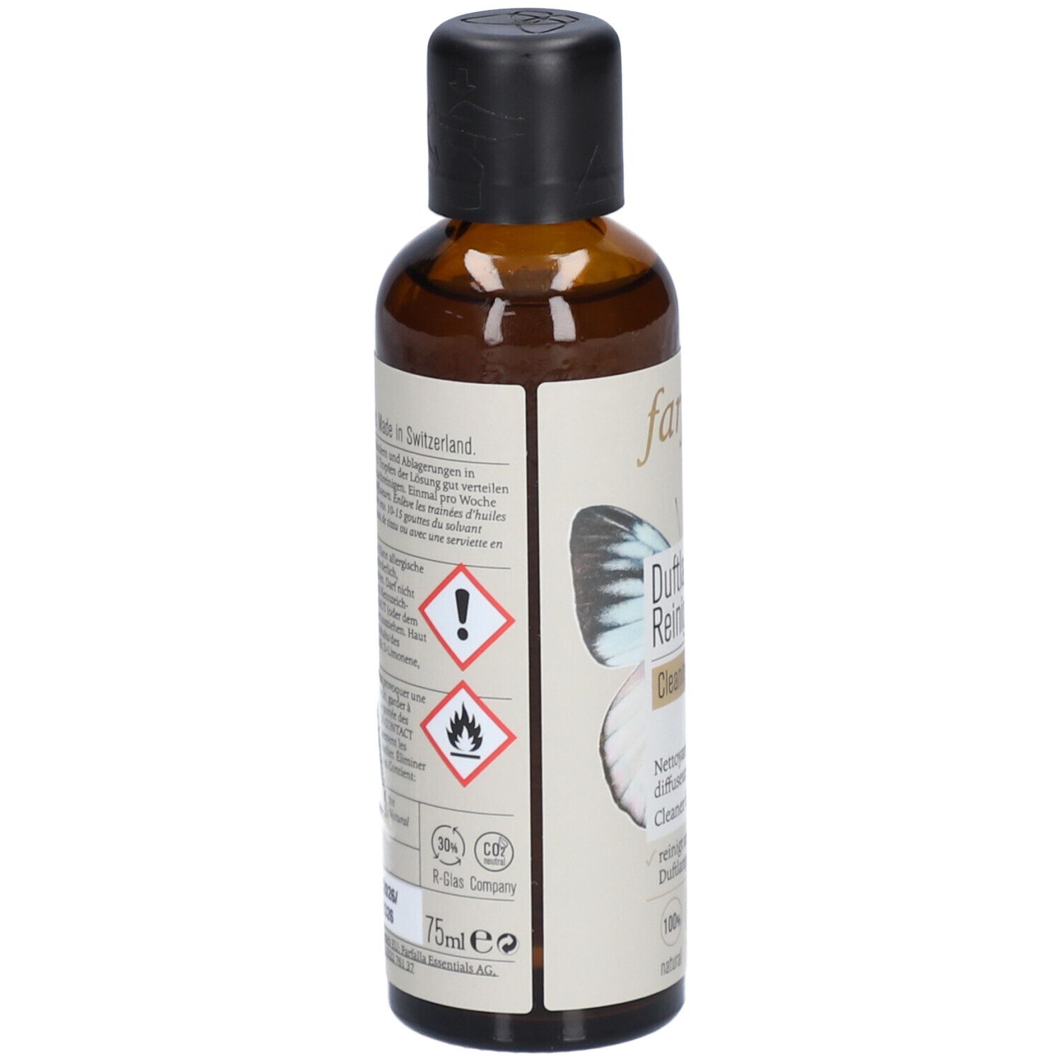 Braune Glasflasche, Seitenansicht. Etikett mit Text und Warnhinweisen. Hergestellt in der Schweiz. 75ml.