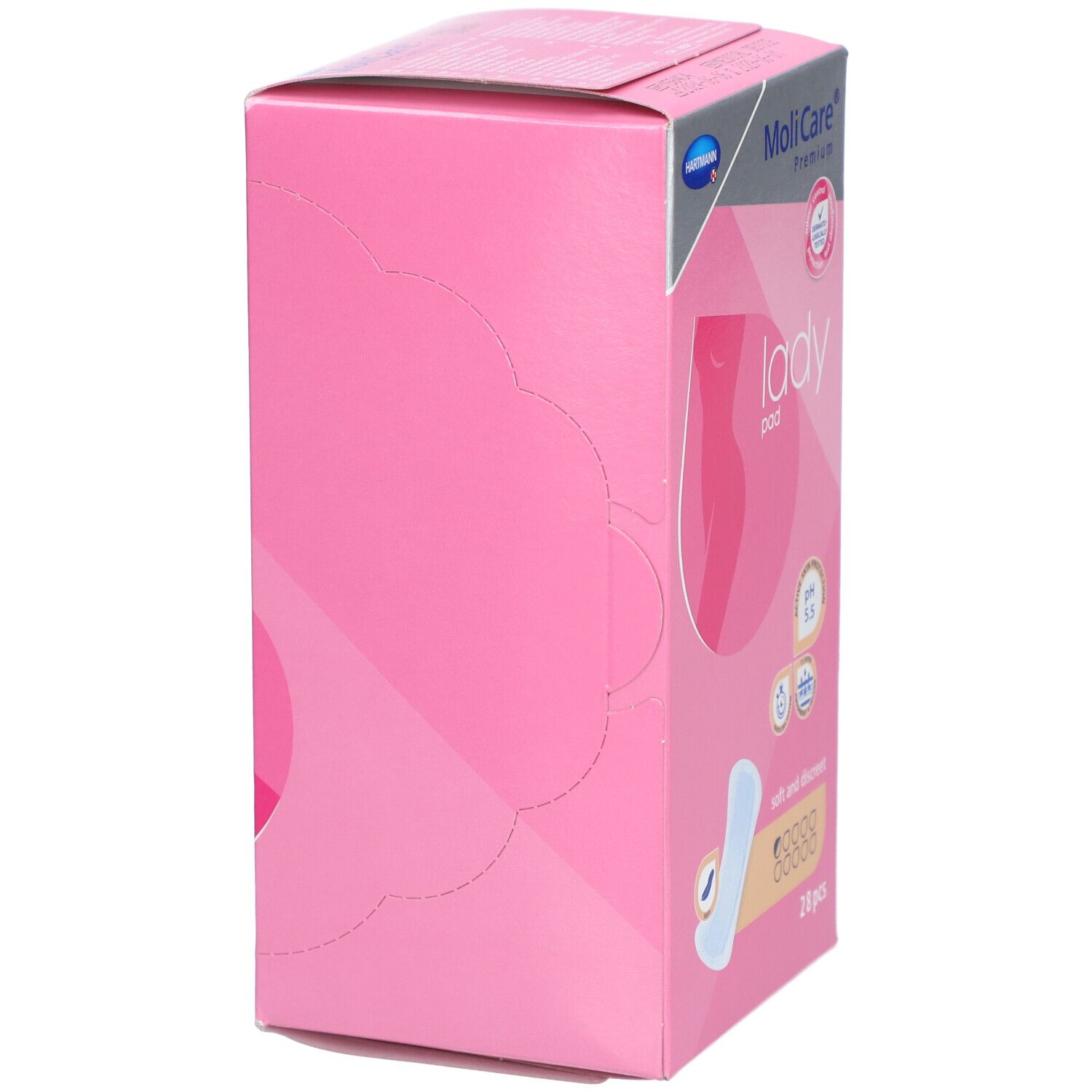 Rosa Verpackung von MoliCare® Premium lady pad. Seitenansicht. Aufdrucke: Hartmann, lady pad, pH 5.5, soft and discreet, 28 Stück.