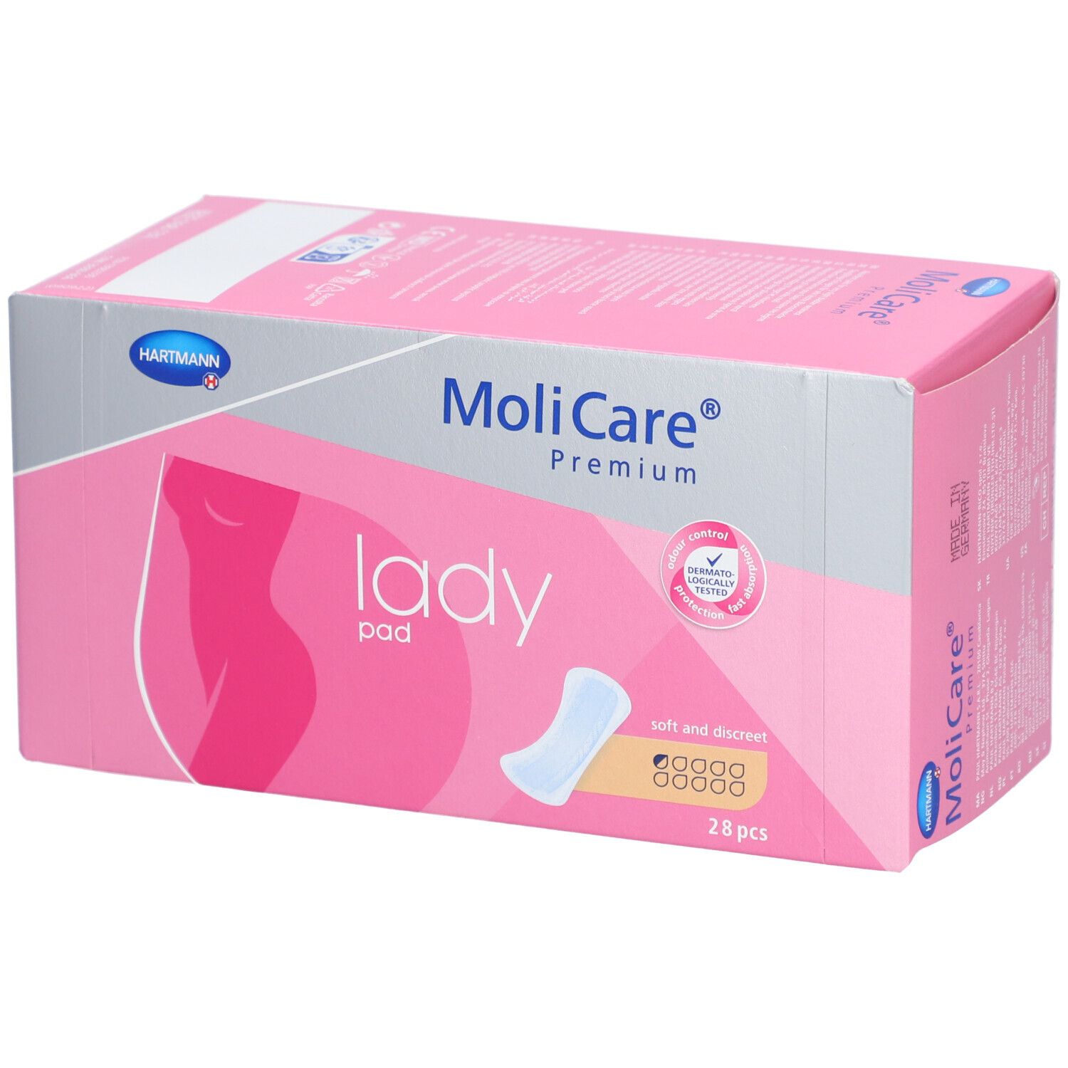 Rosa Verpackung von MoliCare® Premium lady pad. Aufdrucke: Hartmann, lady pad, pH 5.5, soft and discreet, 28 Stück. Produktabbildung.