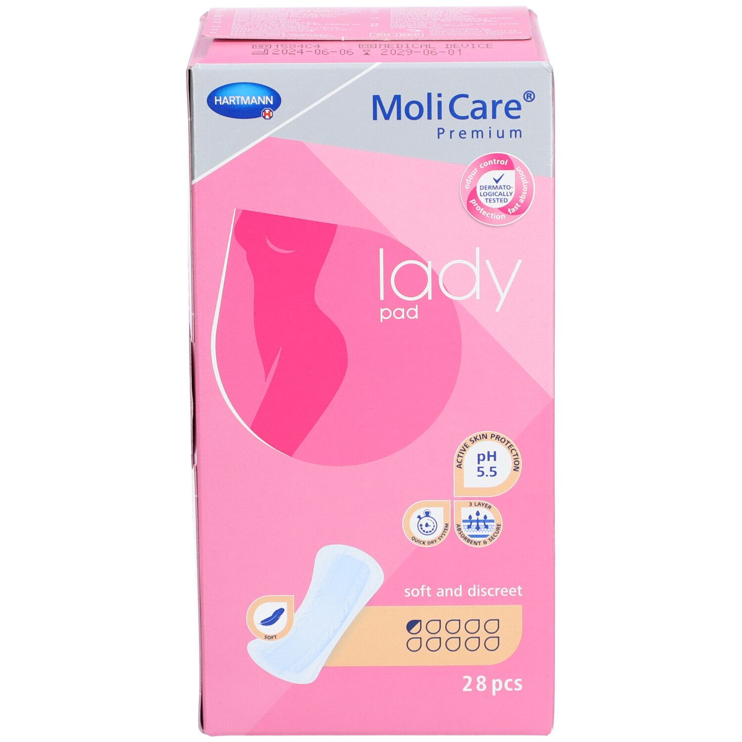 Rosa Verpackung von MoliCare® Premium lady pad. Aufdrucke: Hartmann, lady pad, pH 5.5, soft and discreet, 28 Stück. Produktabbildung.