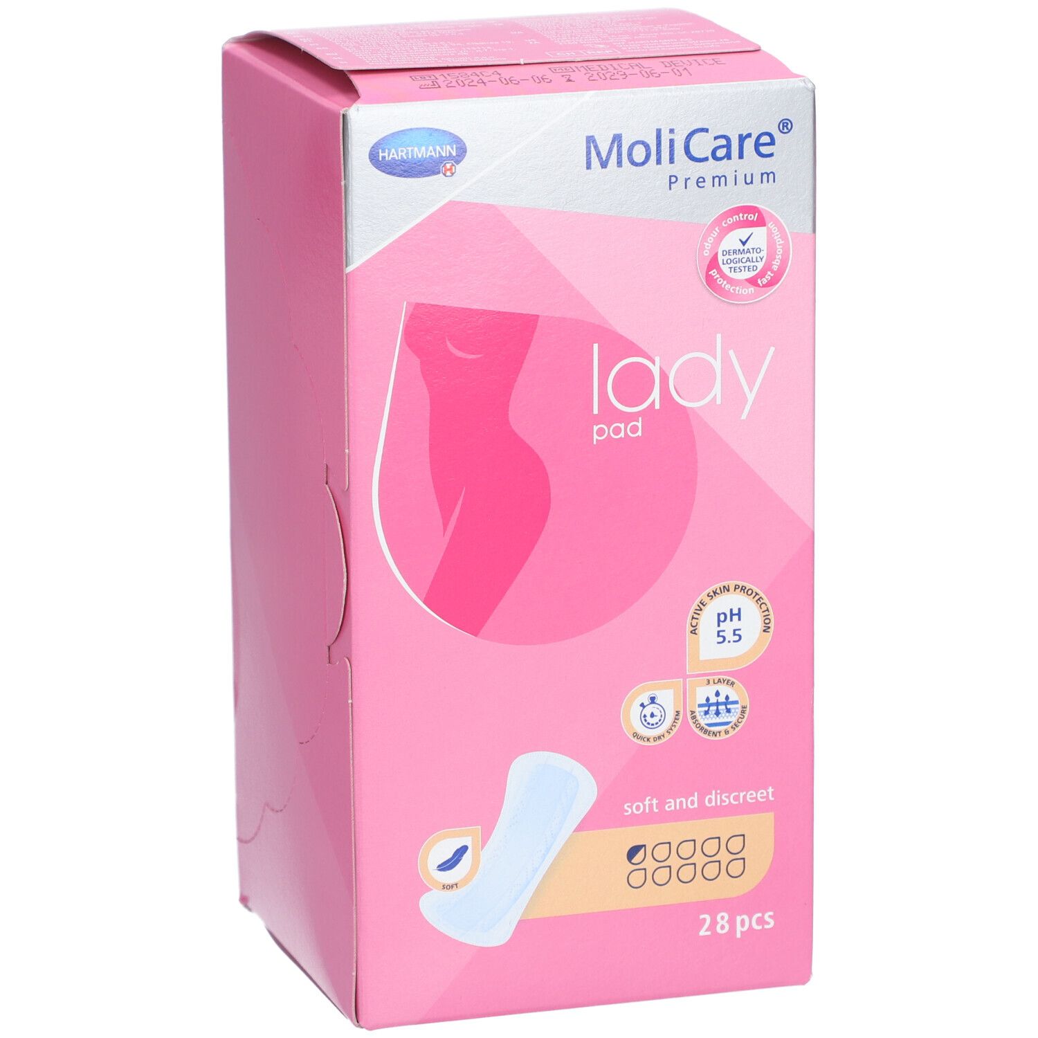 Rosa Verpackung von MoliCare® Premium lady pad. Aufdrucke: Hartmann, lady pad, pH 5.5, soft and discreet, 28 Stück. Produktabbildung.