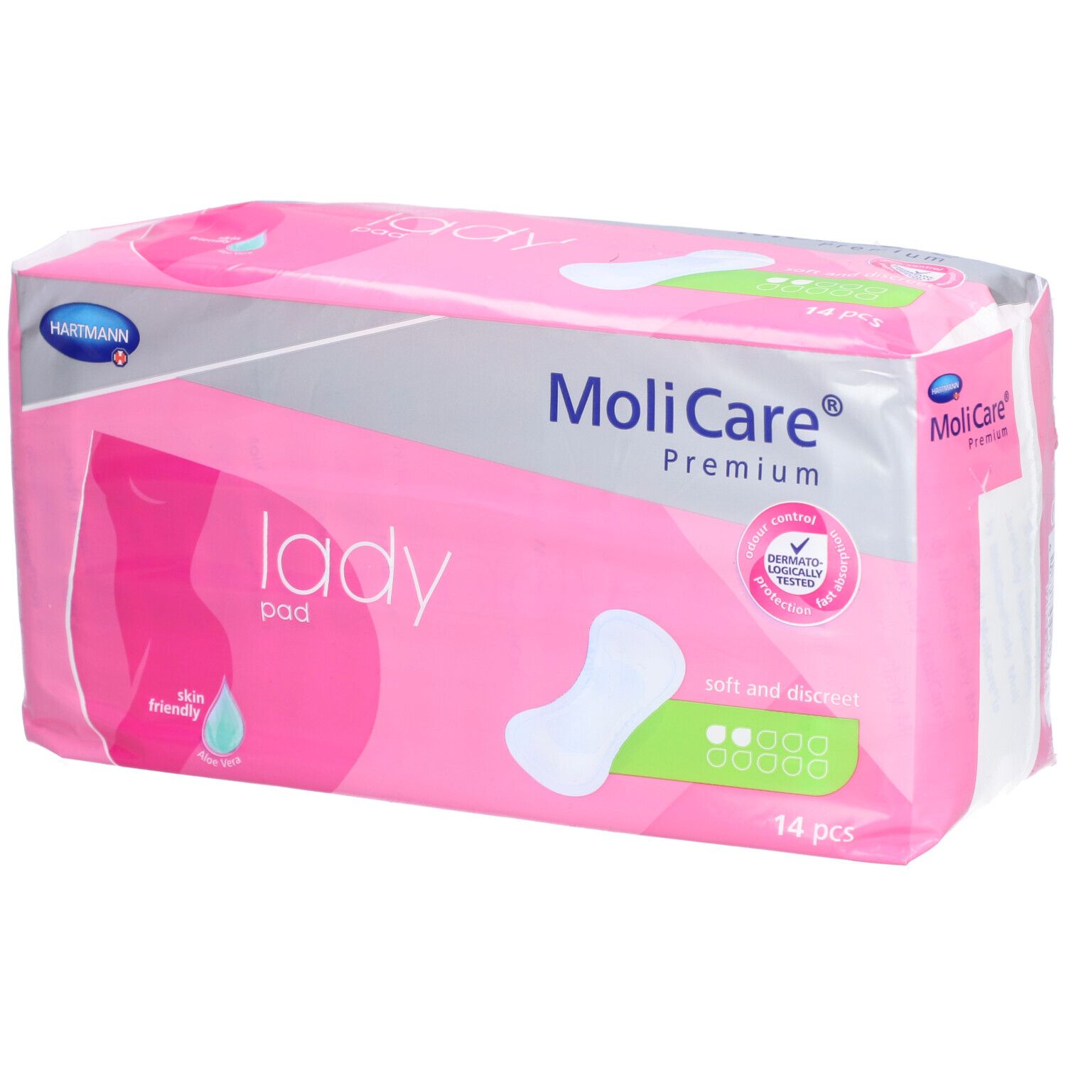 Emballage rose 'MoliCare Lady pad'. 14 pièces. Marque Hartmann. Testé dermatologiquement.