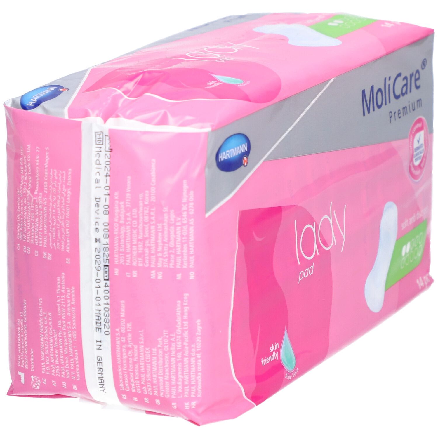Emballage rose 'MoliCare Lady pad'. Dos avec texte. Marque Hartmann. Dispositif médical.
