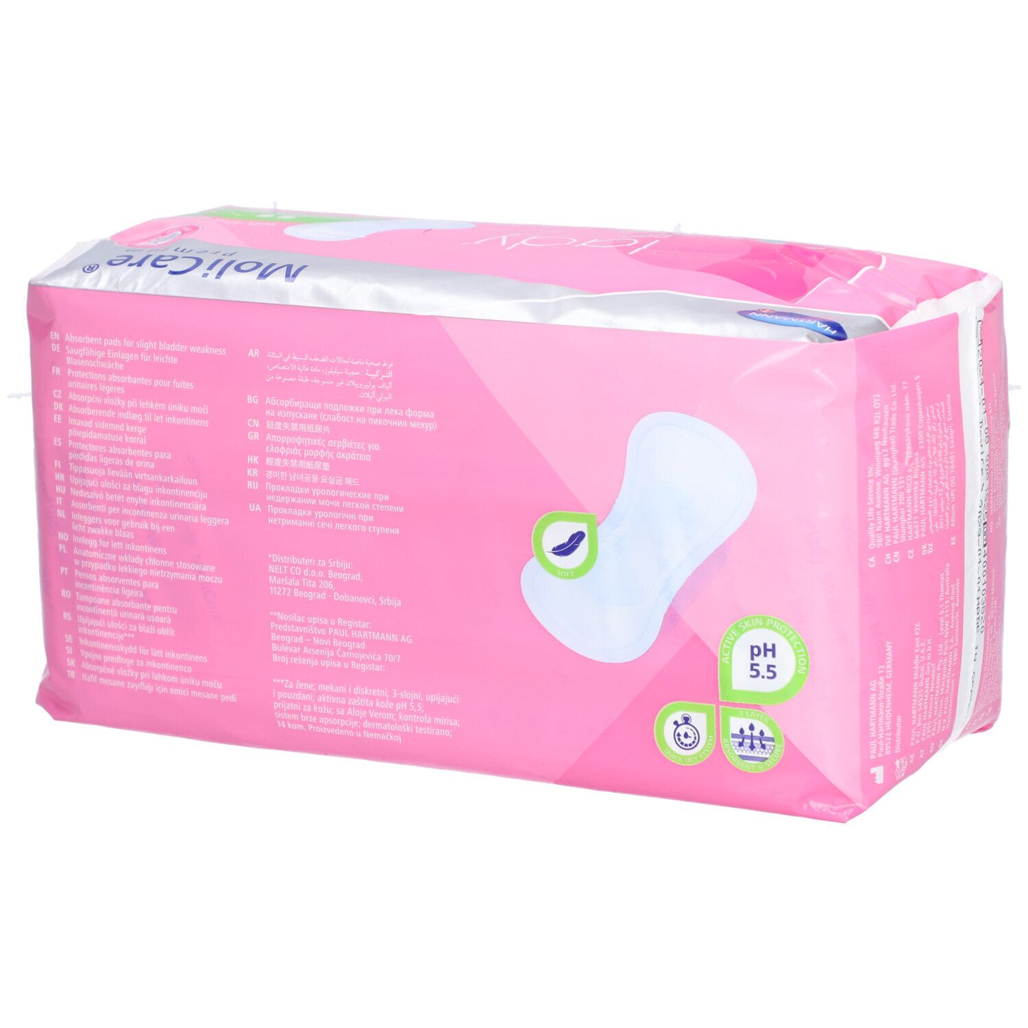 Emballage rose 'MoliCare'. Dos avec texte et symbole de serviette. pH 5,5.
