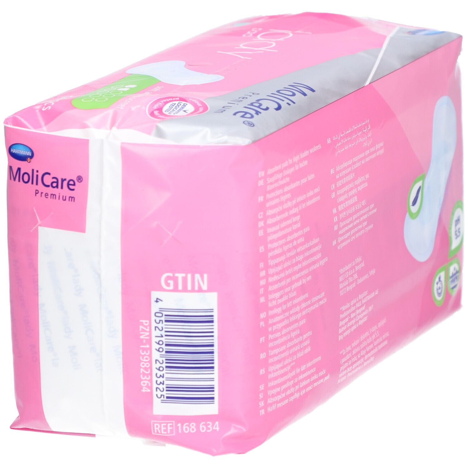 Emballage rose 'MoliCare'. Dos avec texte et code-barres. REF 168 634.