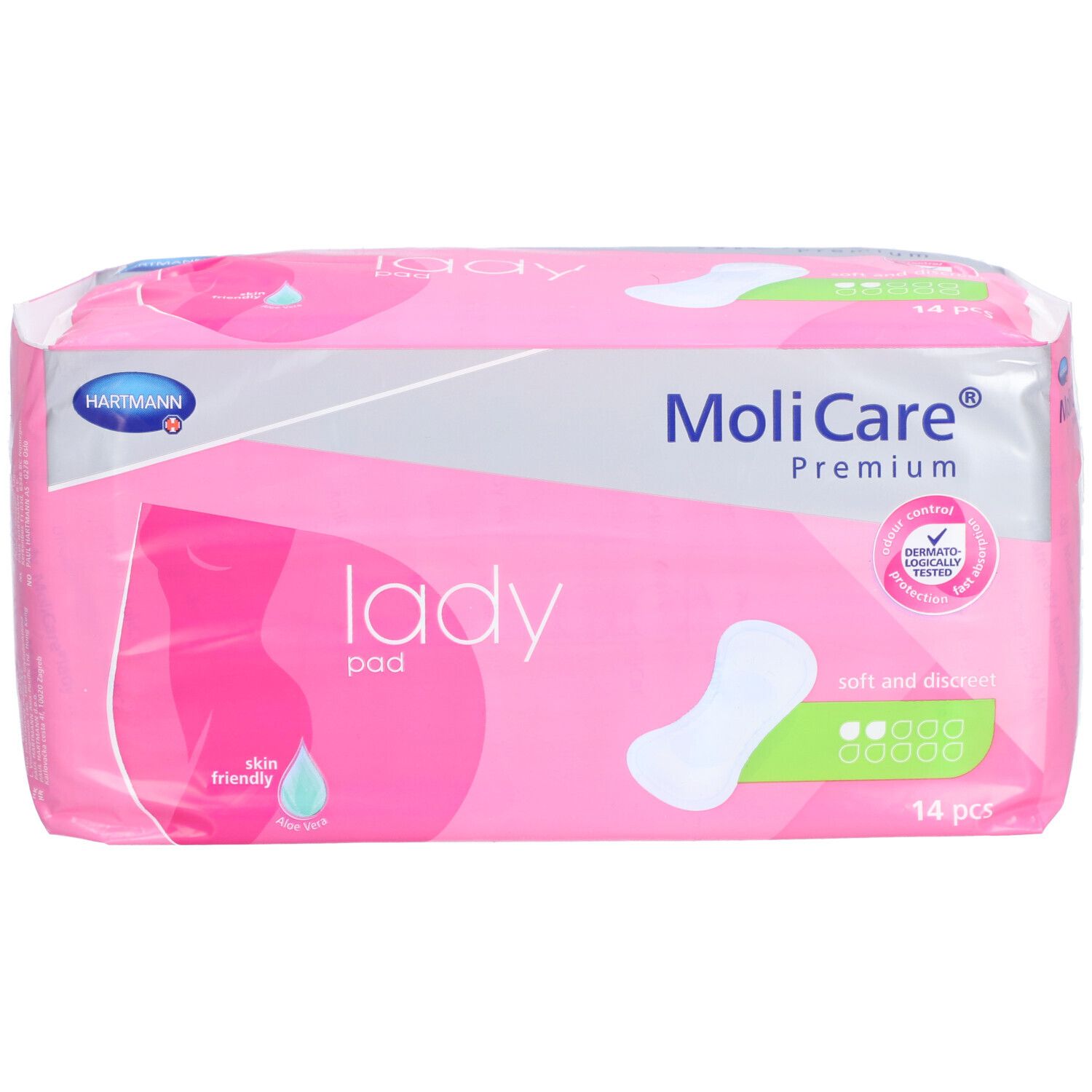 Emballage rose 'MoliCare Lady pad'. 14 pièces. Marque Hartmann. Testé dermatologiquement.