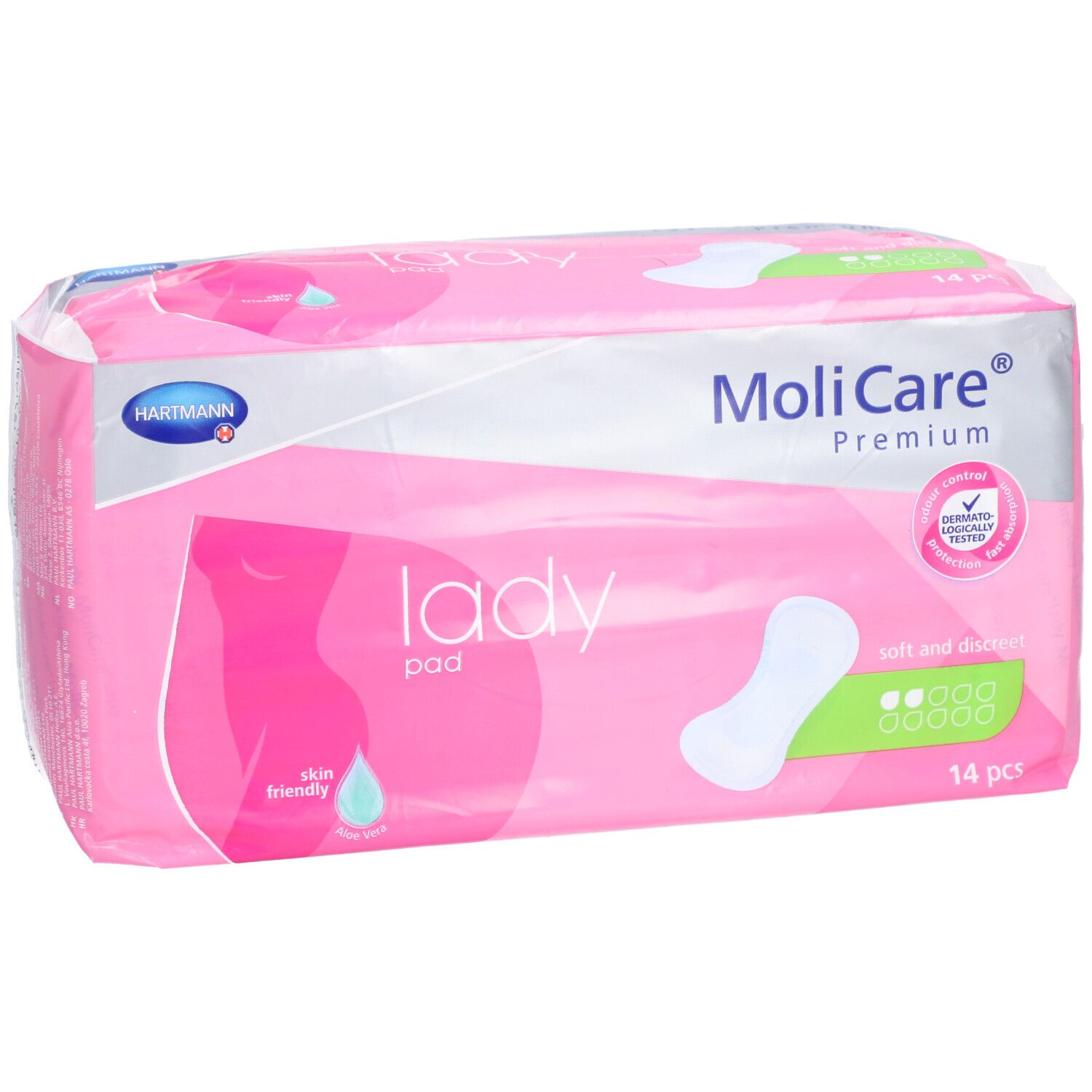 Emballage rose 'MoliCare Lady pad'. 14 pièces. Marque Hartmann. Testé dermatologiquement.