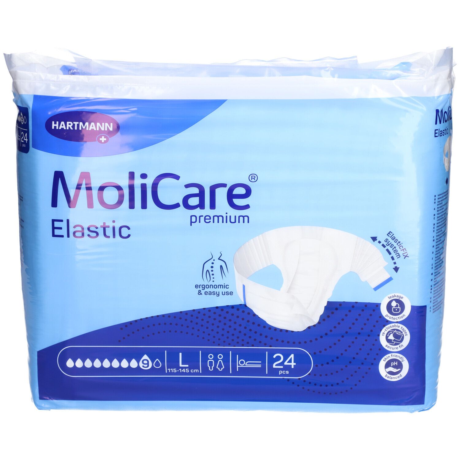 Emballage de MOLICARE Elastic L, 9 gouttes, 24 pièces. Emballage bleu avec image du produit et logo. Indication de taille incluse.