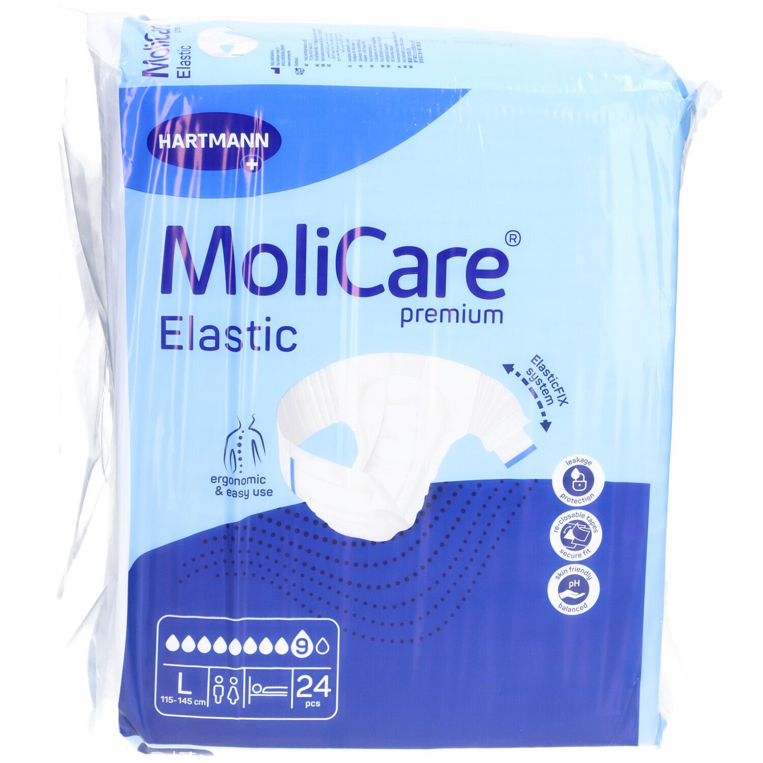 Emballage MOLICARE Elastic L, 9 gouttes, 24 pièces. Emballage bleu avec image du produit et logo. Taille L indiquée.