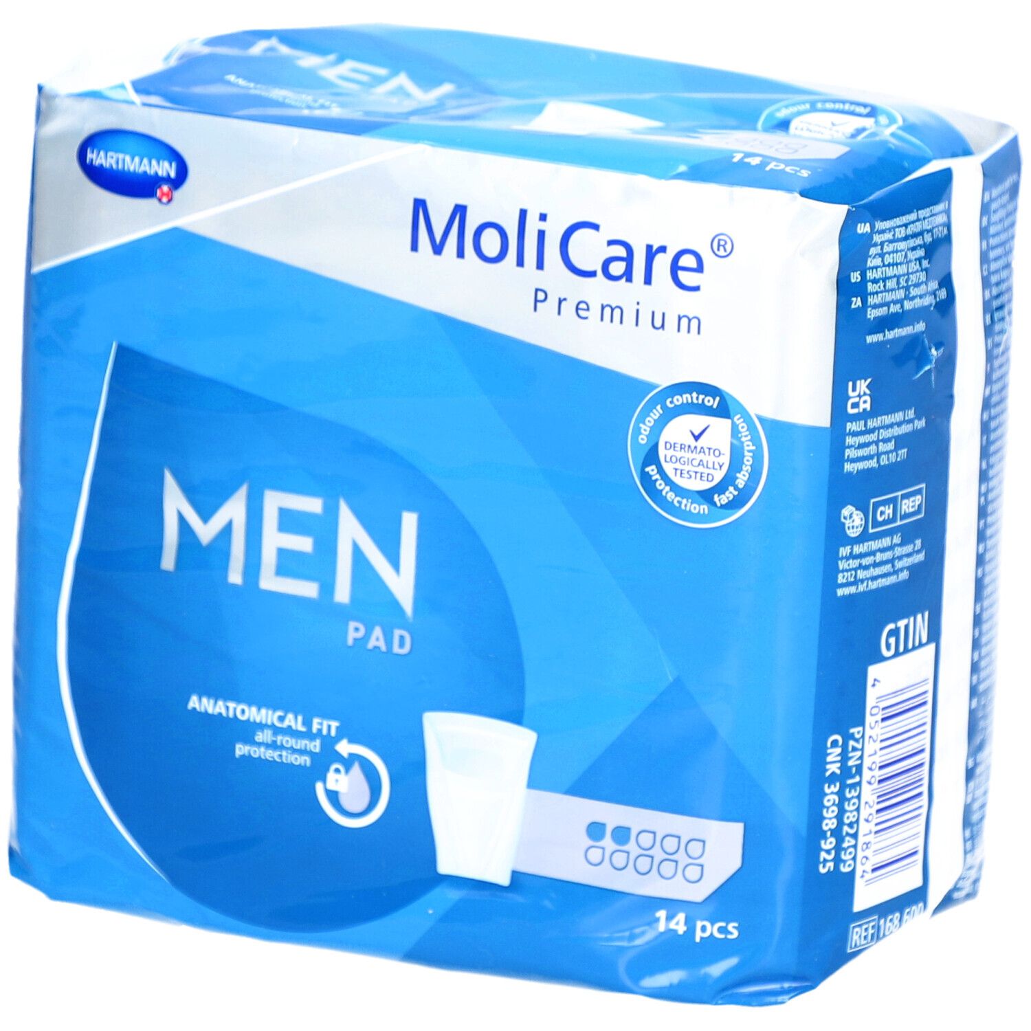 Paquet de MoliCare Premium MEN Pad. Emballage bleu avec illustration du produit et 14 pièces. Logo Hartmann.