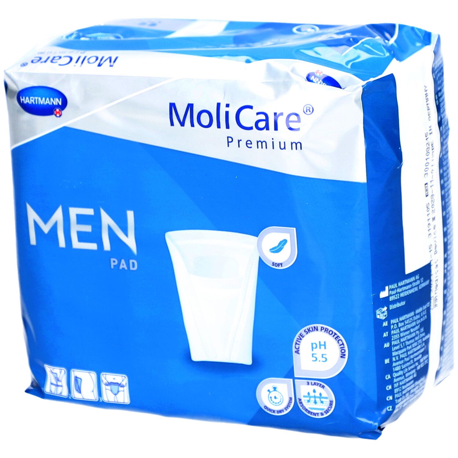 Paquet MoliCare Premium MEN Pad. Emballage bleu avec illustration du produit et pH 5.5. Logo Hartmann.