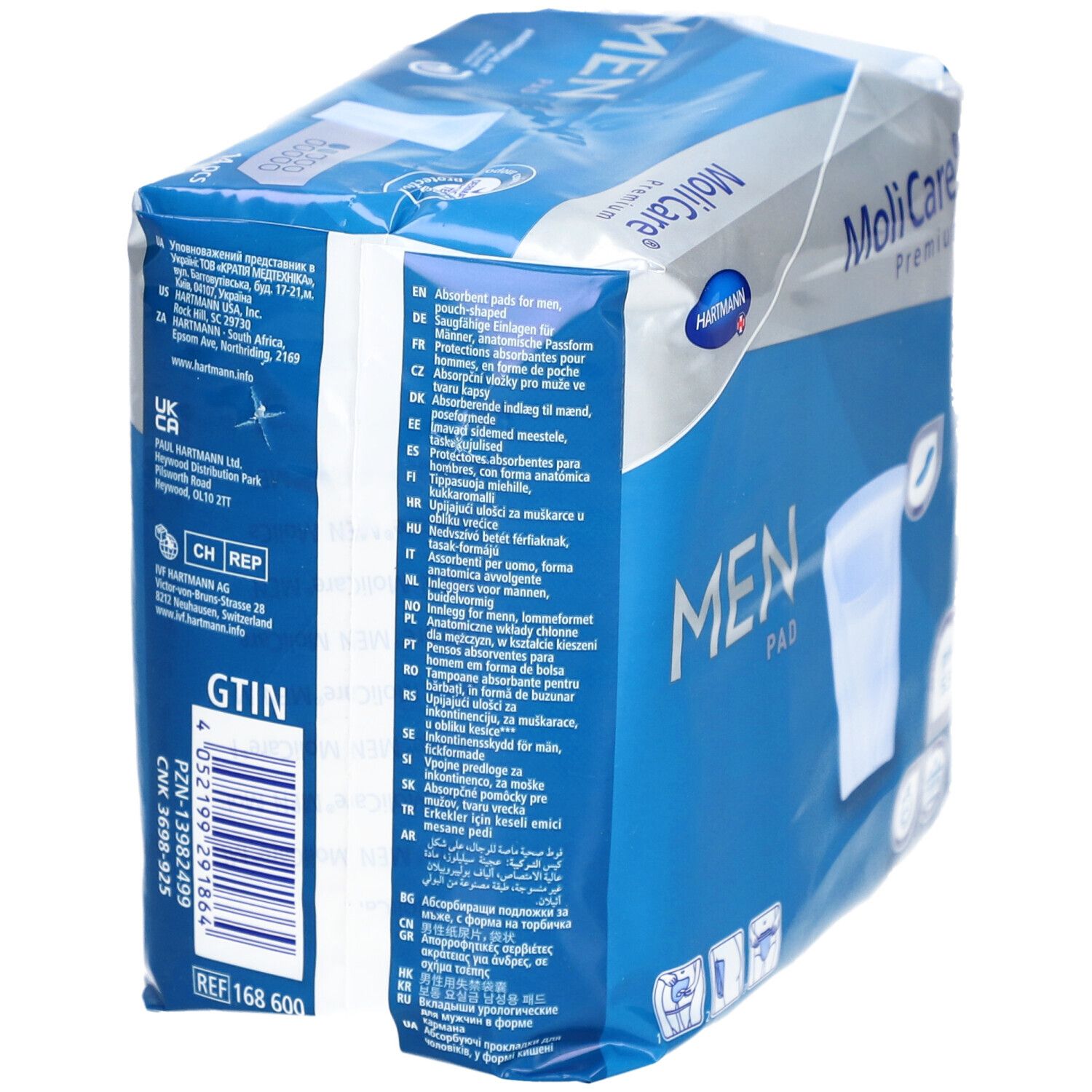 Dos du paquet MoliCare Premium MEN Pad. Texte multilingue. Logo Hartmann. Code GTIN.