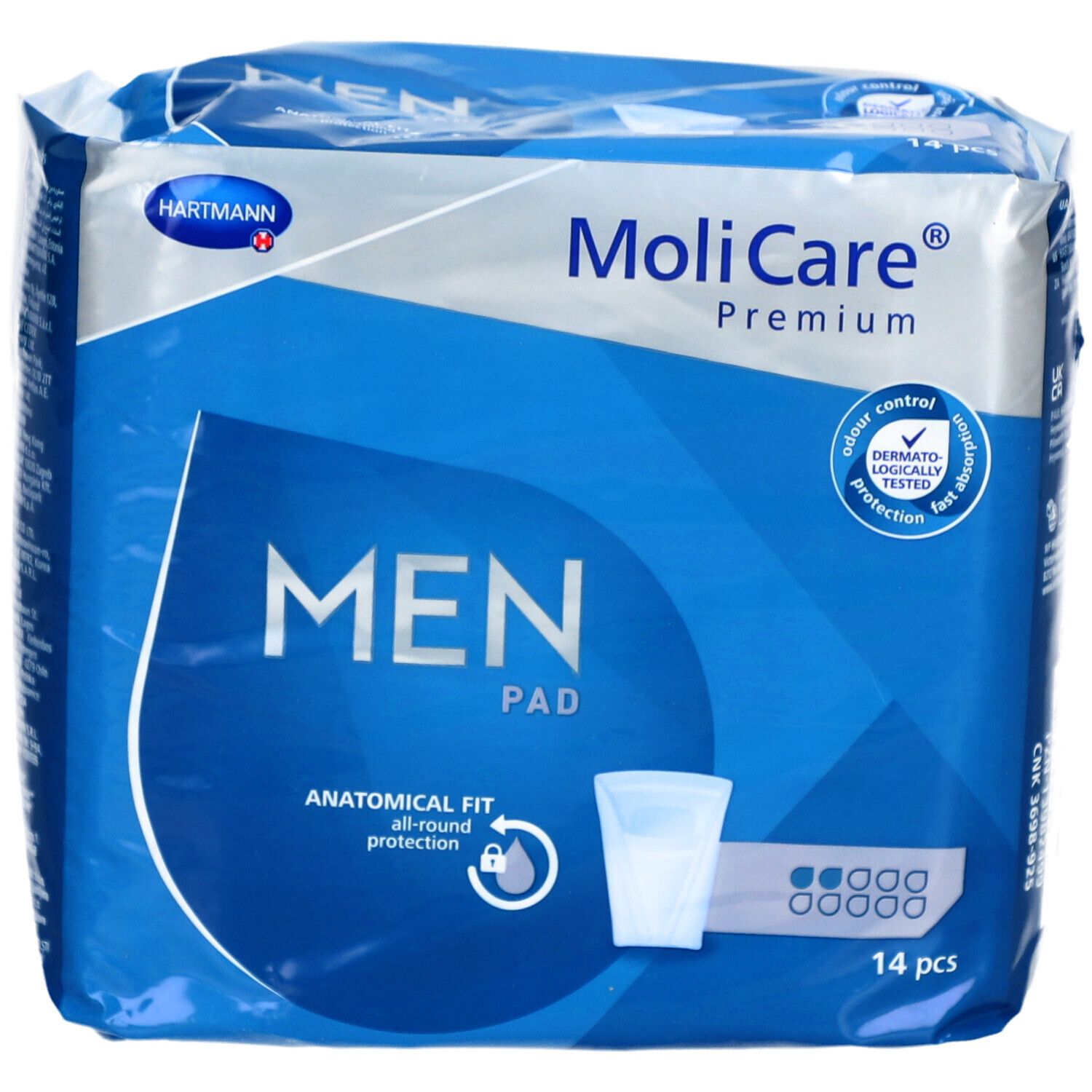 Paquet MoliCare Premium MEN Pad. Emballage bleu avec illustration du produit et 14 pièces. Logo Hartmann.