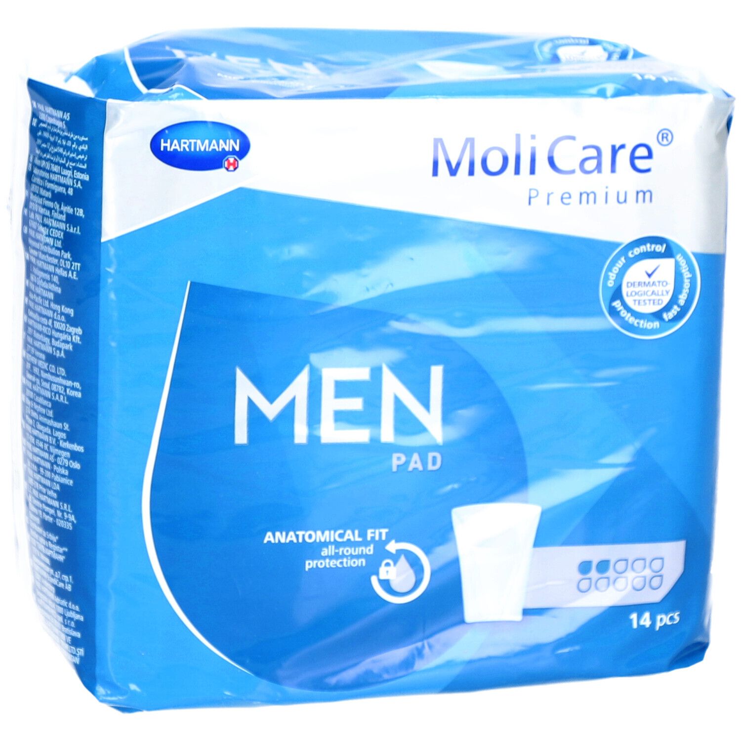 Paquet MoliCare Premium MEN Pad. Emballage bleu avec illustration du produit et 14 pièces. Logo Hartmann.
