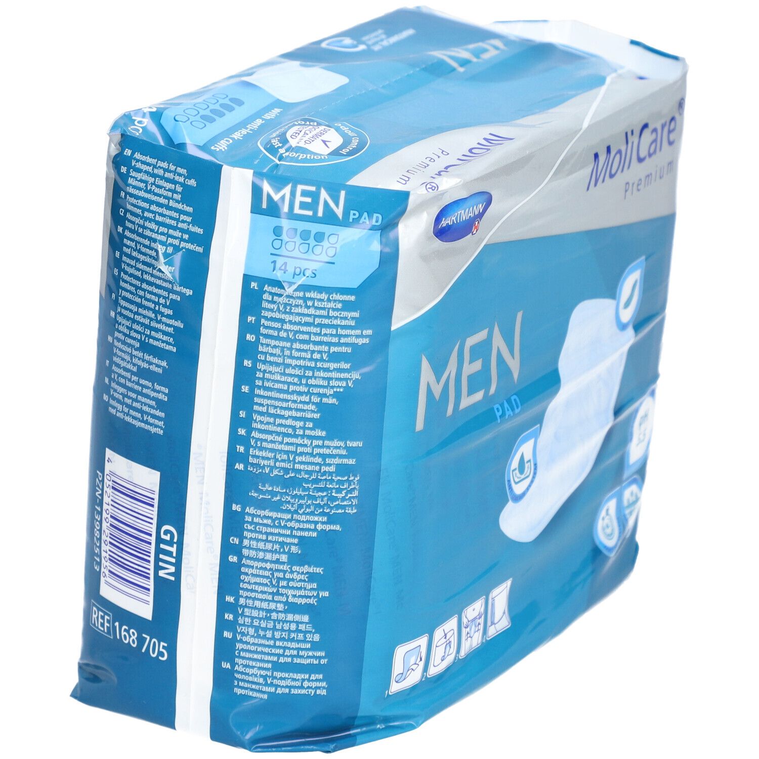 Verpackung MoliCare® Premium MEN Pad. Blau-weiß. Marke Hartmann. 14 Stück. Produktinformationen in mehreren Sprachen.
