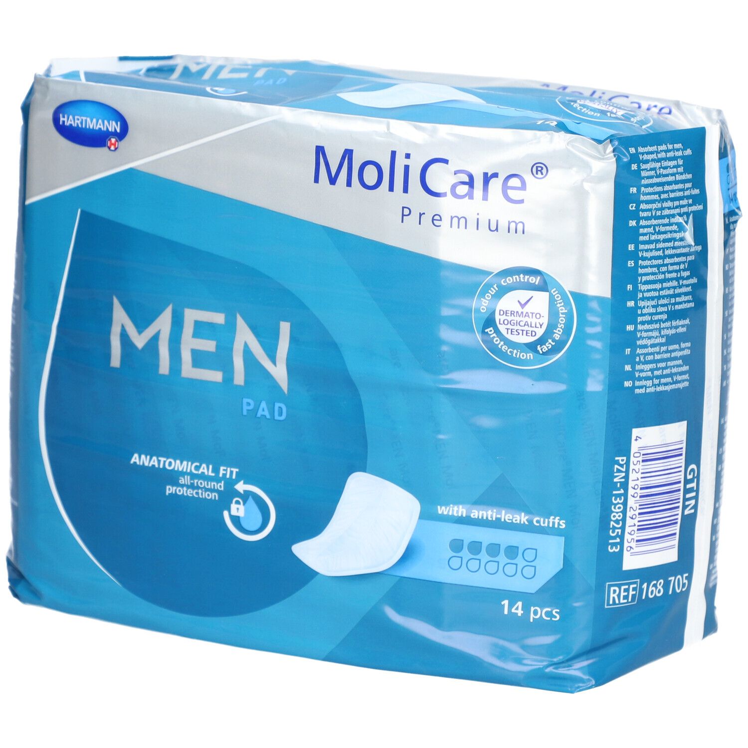 Verpackung MoliCare® Premium MEN Pad. Blau-weiß. Marke Hartmann. 14 Stück. Anatomische Passform. Anti-Auslauf-Bündchen.