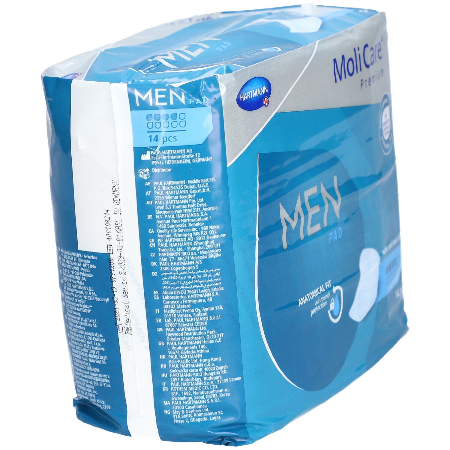 Verpackung MoliCare® Premium MEN Pad. Blau-weiß. Marke Hartmann. 14 Stück. Produktinformationen in mehreren Sprachen.
