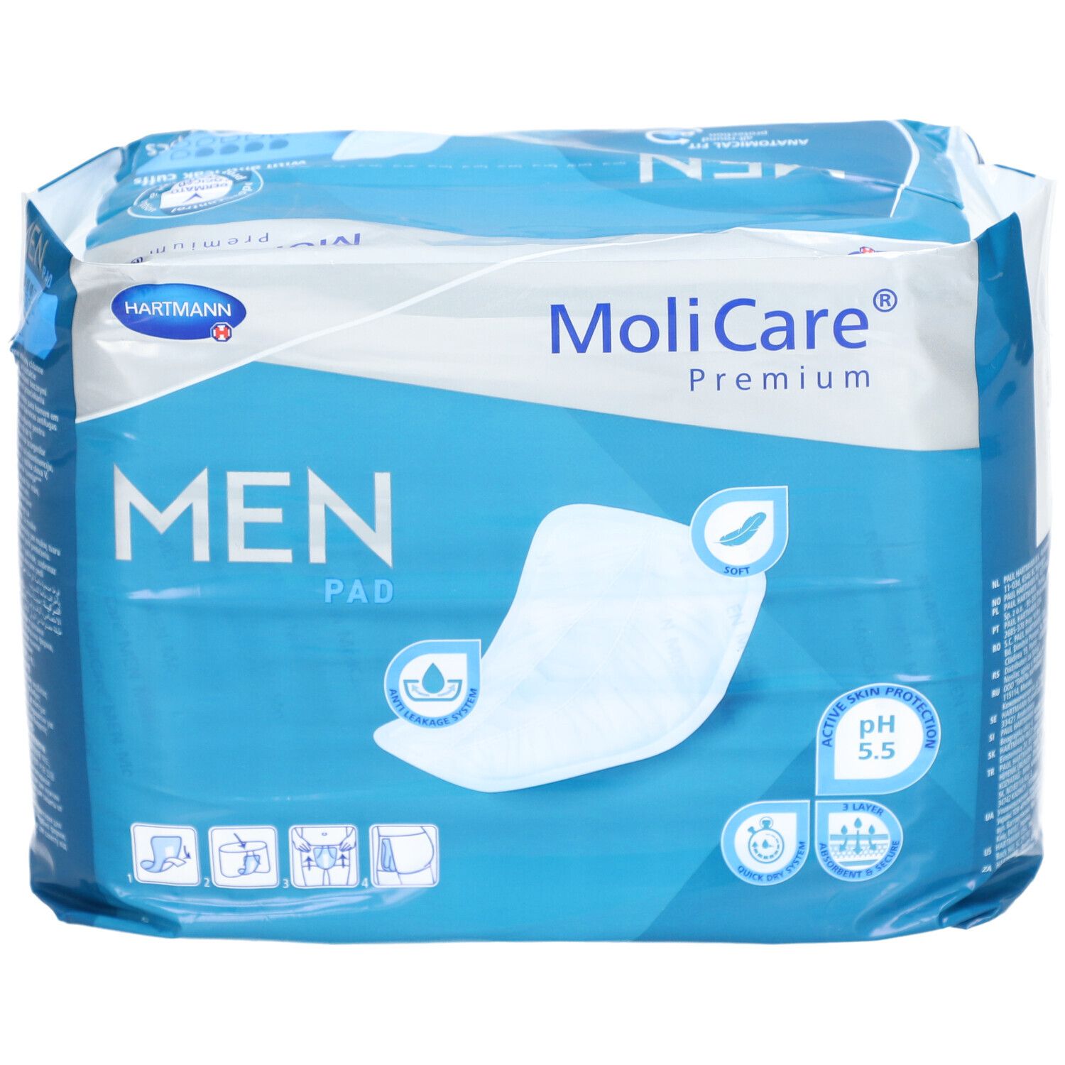 Verpackung MoliCare® Premium MEN Pad. Blau-weiß. Marke Hartmann. Pad-Form abgebildet. pH 5,5. Active Skin Protection.