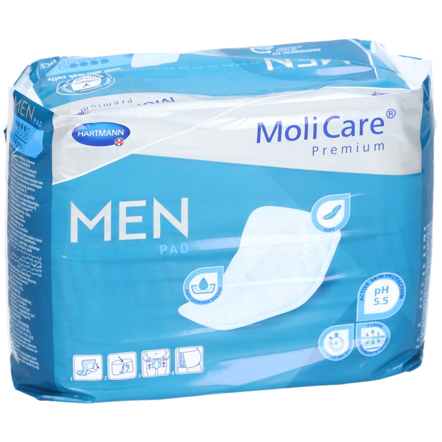 Verpackung MoliCare® Premium MEN Pad. Blau-weiß. Marke Hartmann. Pad-Form abgebildet. pH 5,5. Active Skin Protection.