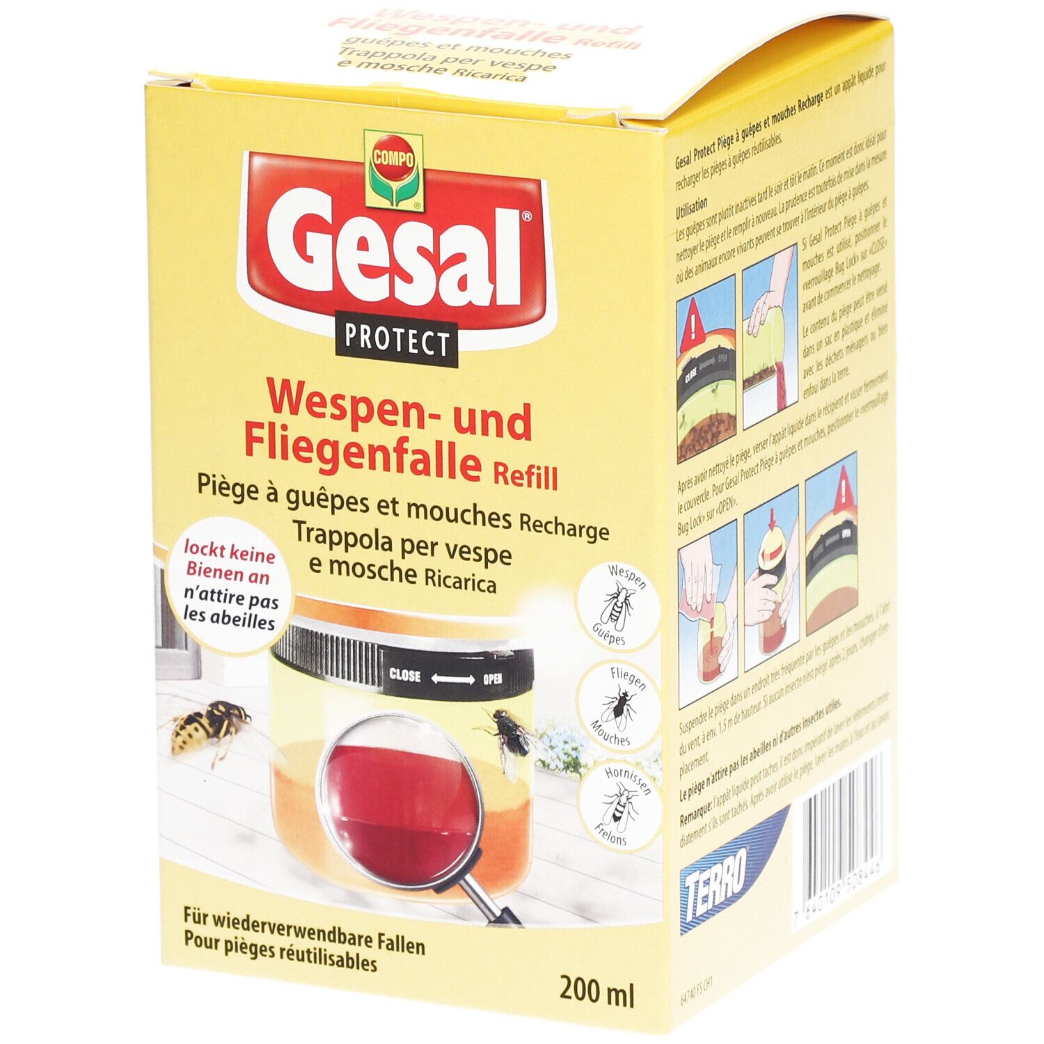 Gelbe Verpackung mit Produktnamen und Produktbild. Text in Deutsch, Französisch, Italienisch. 200 ml.