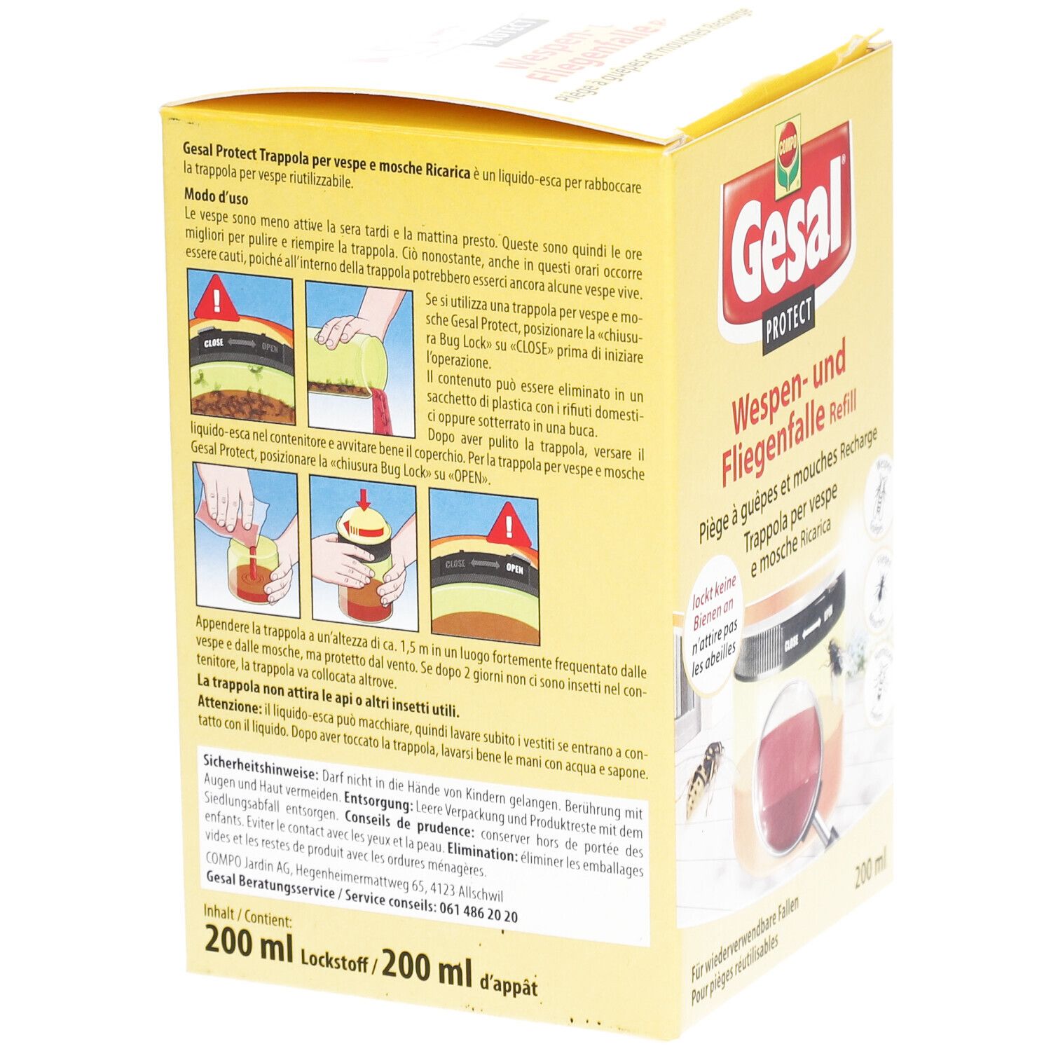 Gelbe Verpackung, Produktname und Text. Illustrationen zur Anwendung. Text in Deutsch, Französisch, Italienisch. 200 ml.