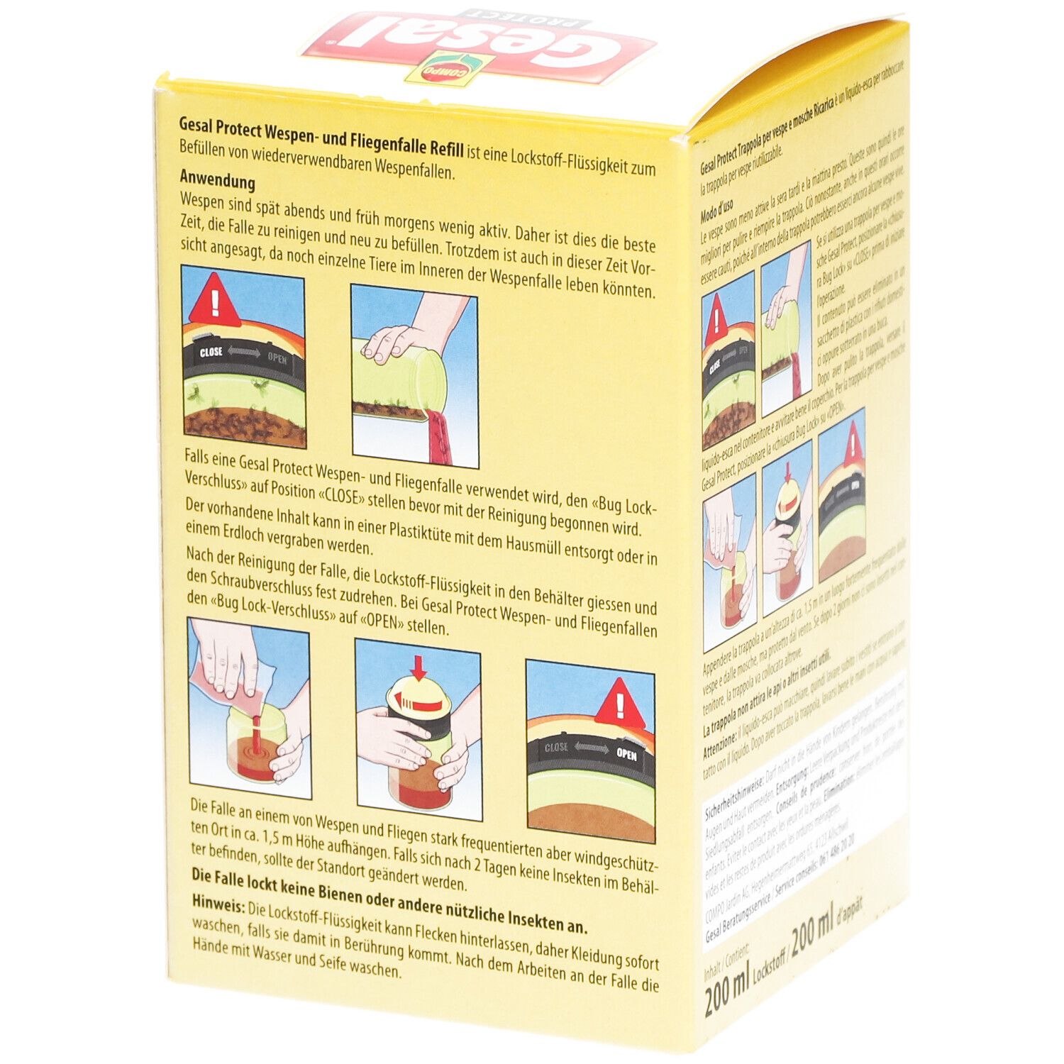 Gelbe Verpackung, Produktname und Text. Illustrationen zur Anwendung. Text in Deutsch, Französisch, Italienisch. 200 ml.