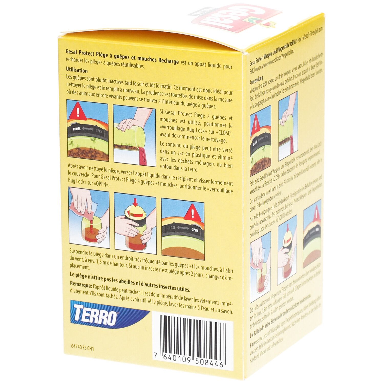 Gelbe Verpackung, Produktname und Text. Illustrationen zur Anwendung. Text in Deutsch, Französisch, Italienisch. 200 ml.