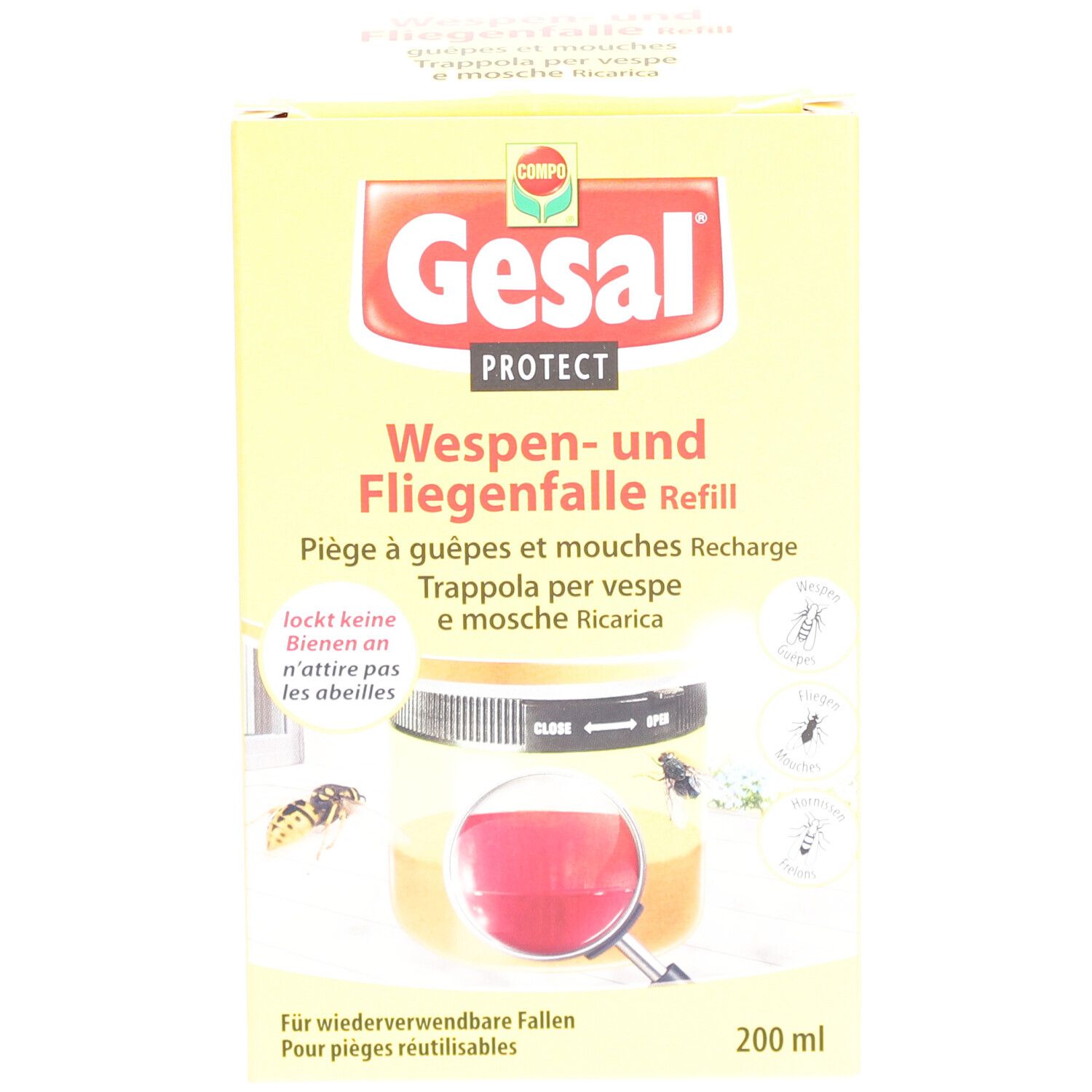 Gelbe Verpackung mit Produktnamen und Produktbild. Text in Deutsch, Französisch, Italienisch. 200 ml.