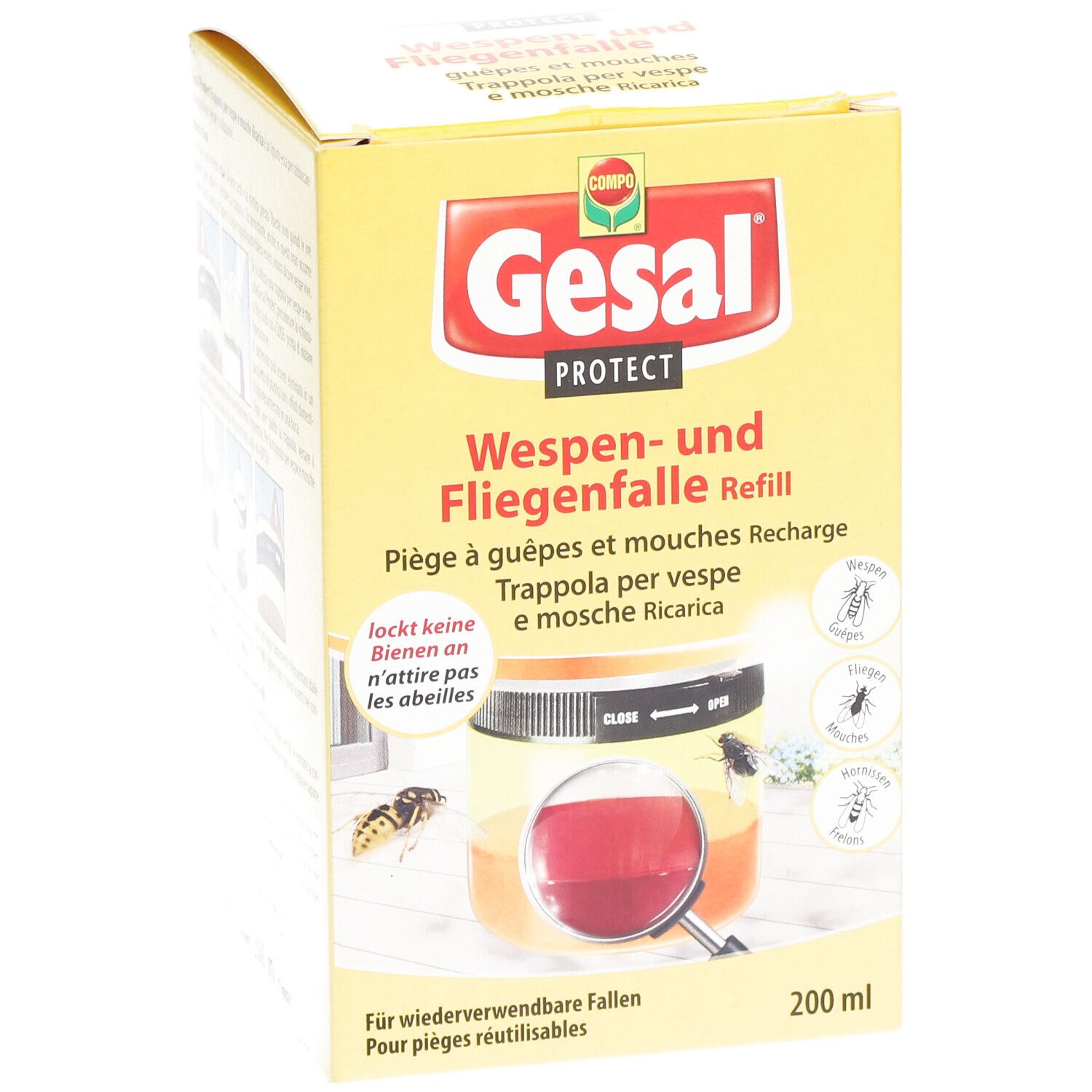 Gelbe Verpackung mit Produktnamen und Produktbild. Text in Deutsch, Französisch, Italienisch. 200 ml.