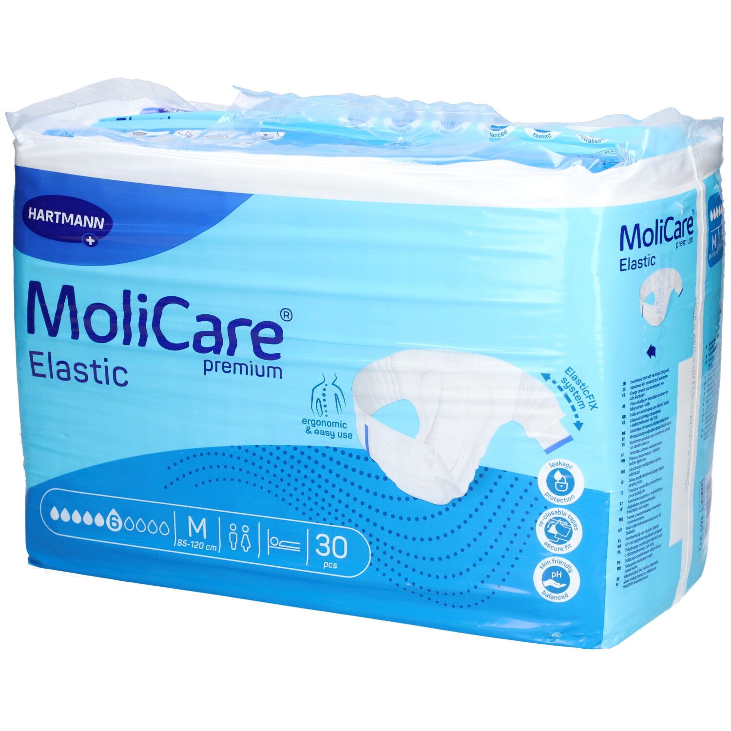 Emballage MoliCare Elastic. Emballage bleu avec nom et logo du produit. Taille M, 30 pièces.