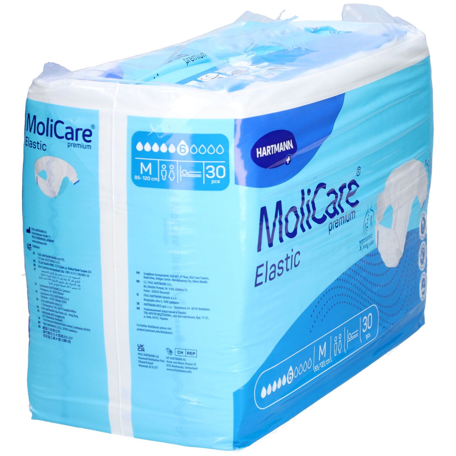 Emballage MoliCare Elastic. Emballage bleu avec nom et logo du produit. Taille M, 30 pièces.