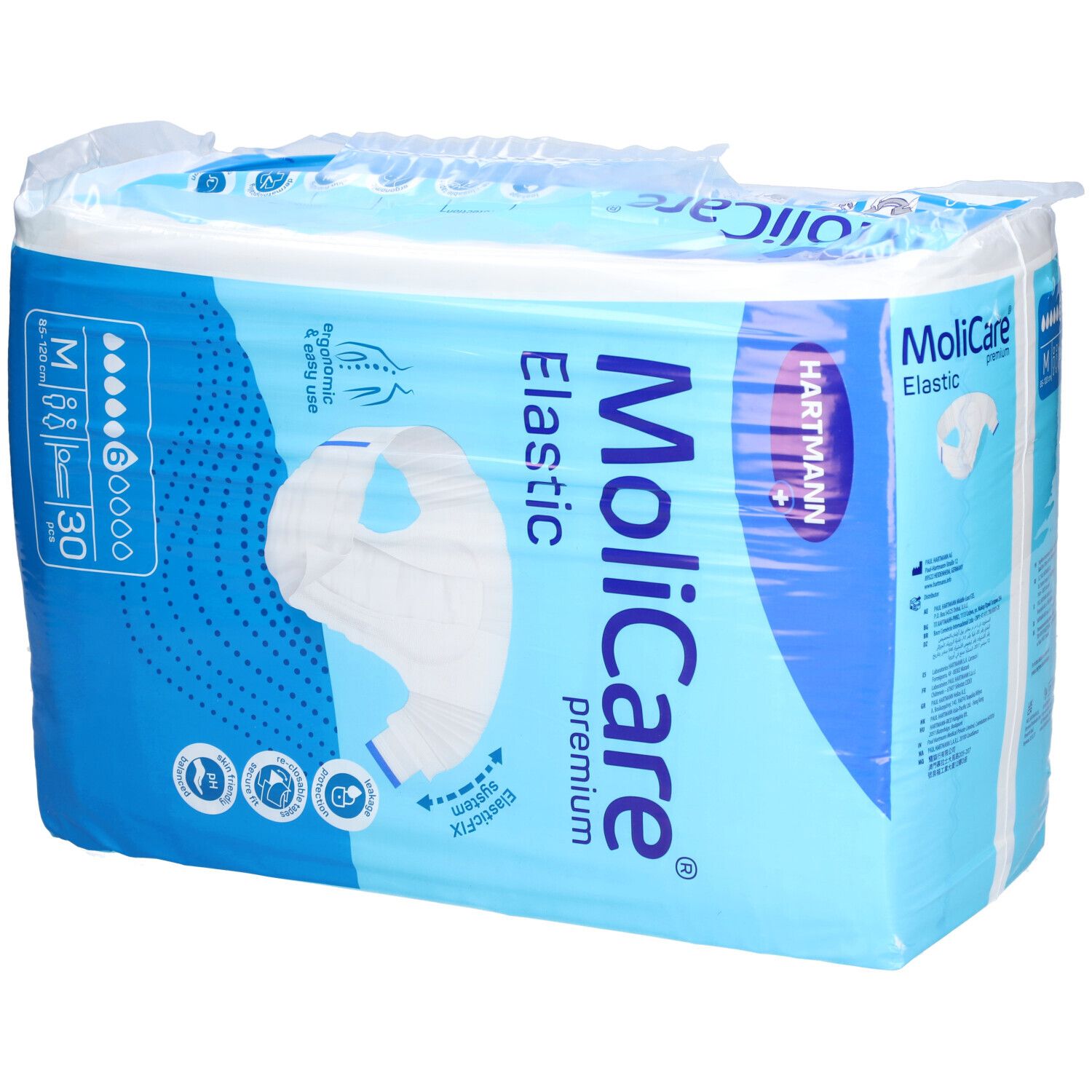 Emballage MoliCare Elastic. Emballage bleu avec nom et logo du produit. Taille M, 30 pièces.