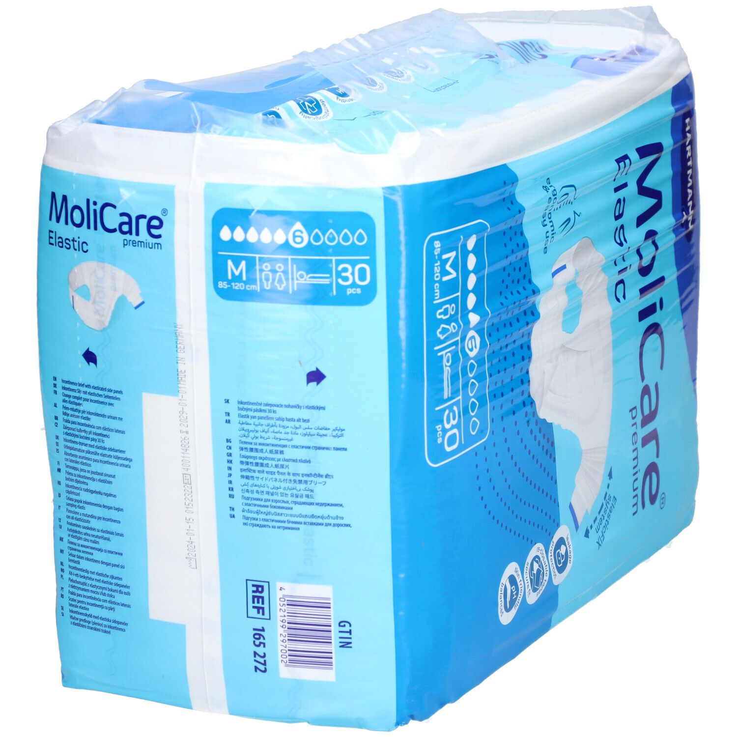 Emballage MoliCare Elastic. Emballage bleu avec nom et logo du produit. Taille M, 30 pièces.