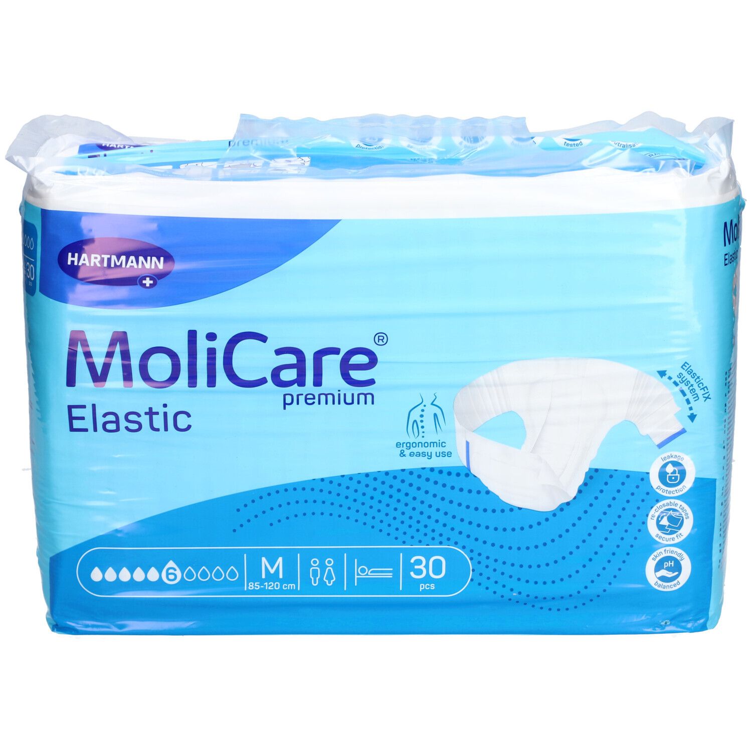 Emballage MoliCare Elastic. Emballage bleu avec nom et logo du produit. Taille M, 30 pièces.
