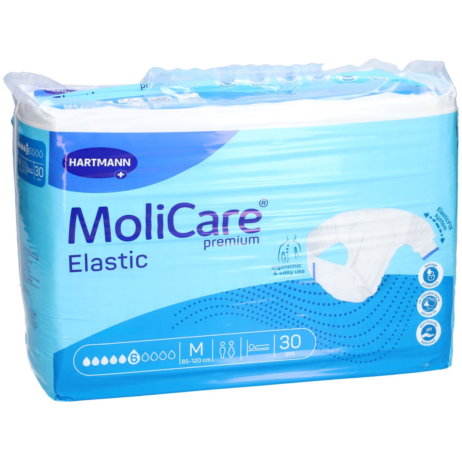 Emballage MoliCare Elastic. Emballage bleu avec nom et logo du produit. Taille M, 30 pièces.