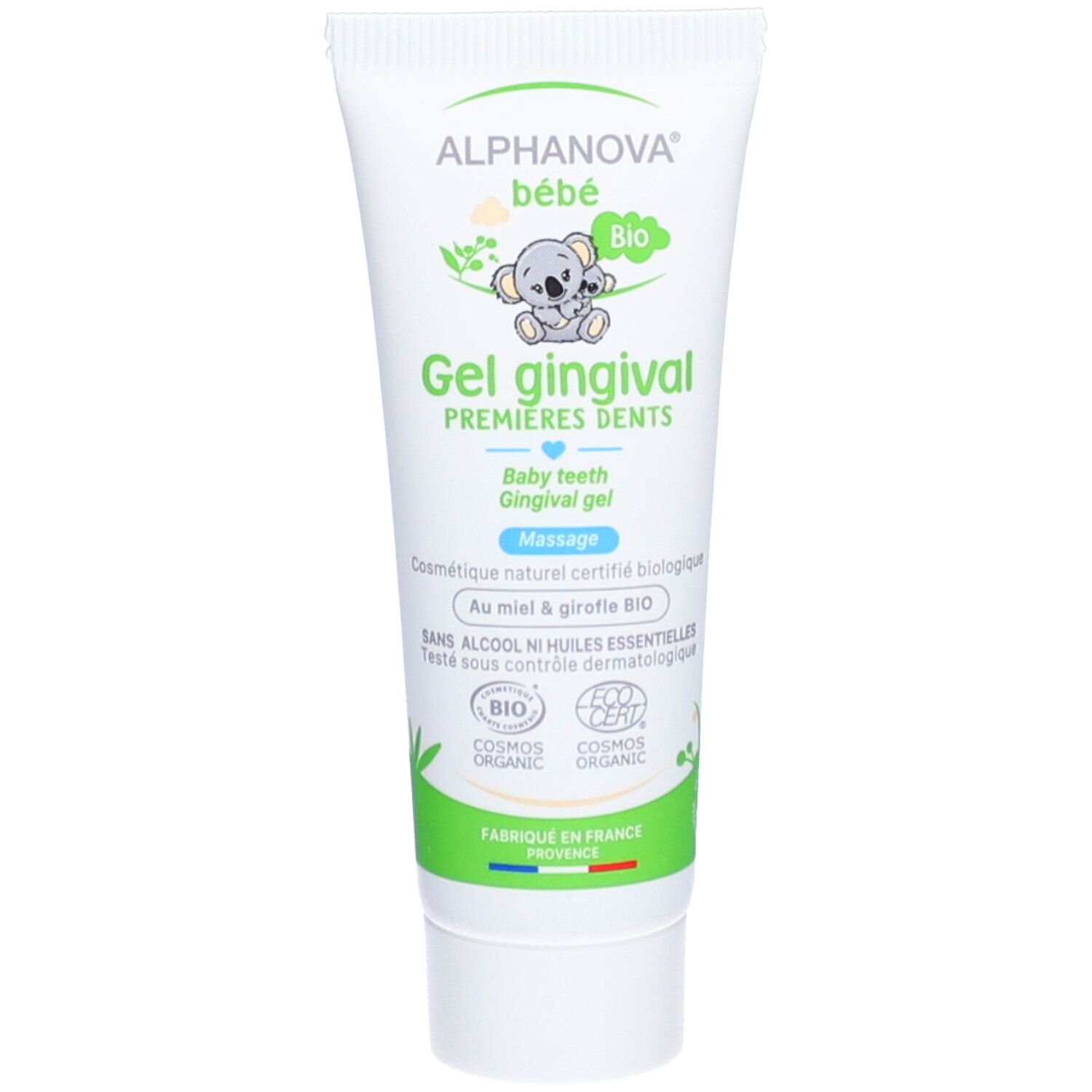 Weiße Tube mit grünem Aufdruck. Enthält Gel gingival für Milchzähne. Marke: ALPHANOVA® bébé. Bio-Zertifizierung.