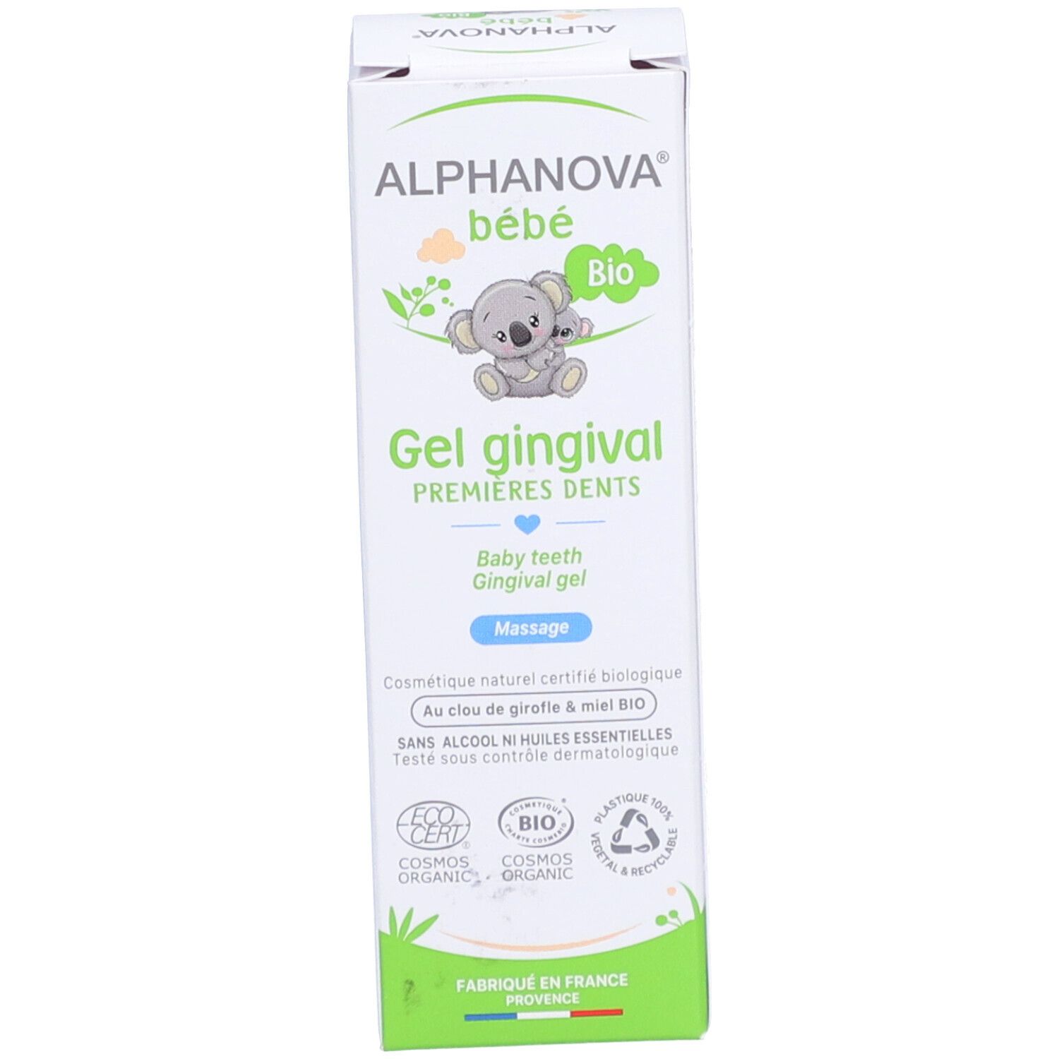 Produktverpackung. Weiß mit grünem Aufdruck. Enthält Gel gingival für Milchzähne. Marke: ALPHANOVA® bébé. Bio-Zertifizierung.