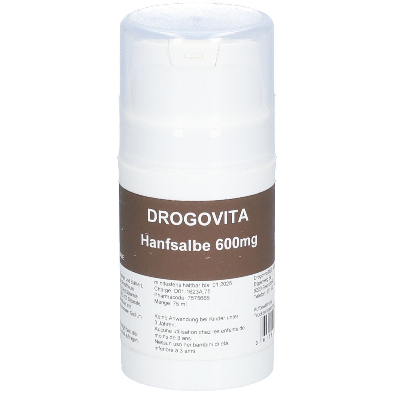 Weiße Flasche mit Klappdeckel. Auf braunem Etikett: DROGOVITA Hanfsalbe 600mg. Text und Barcode.