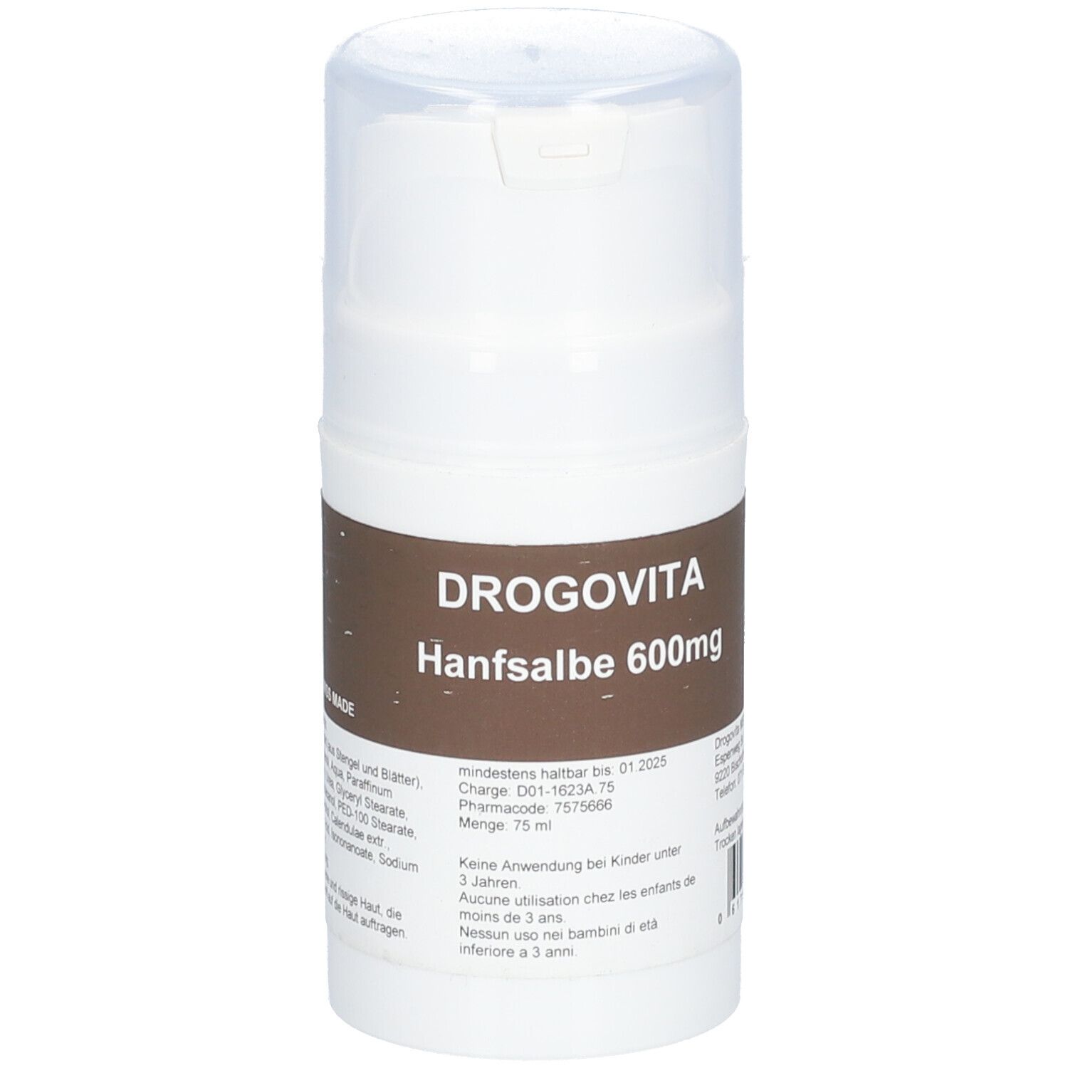 Weiße Flasche mit Klappdeckel. Auf braunem Etikett: DROGOVITA Hanfsalbe 600mg. Text und Barcode.