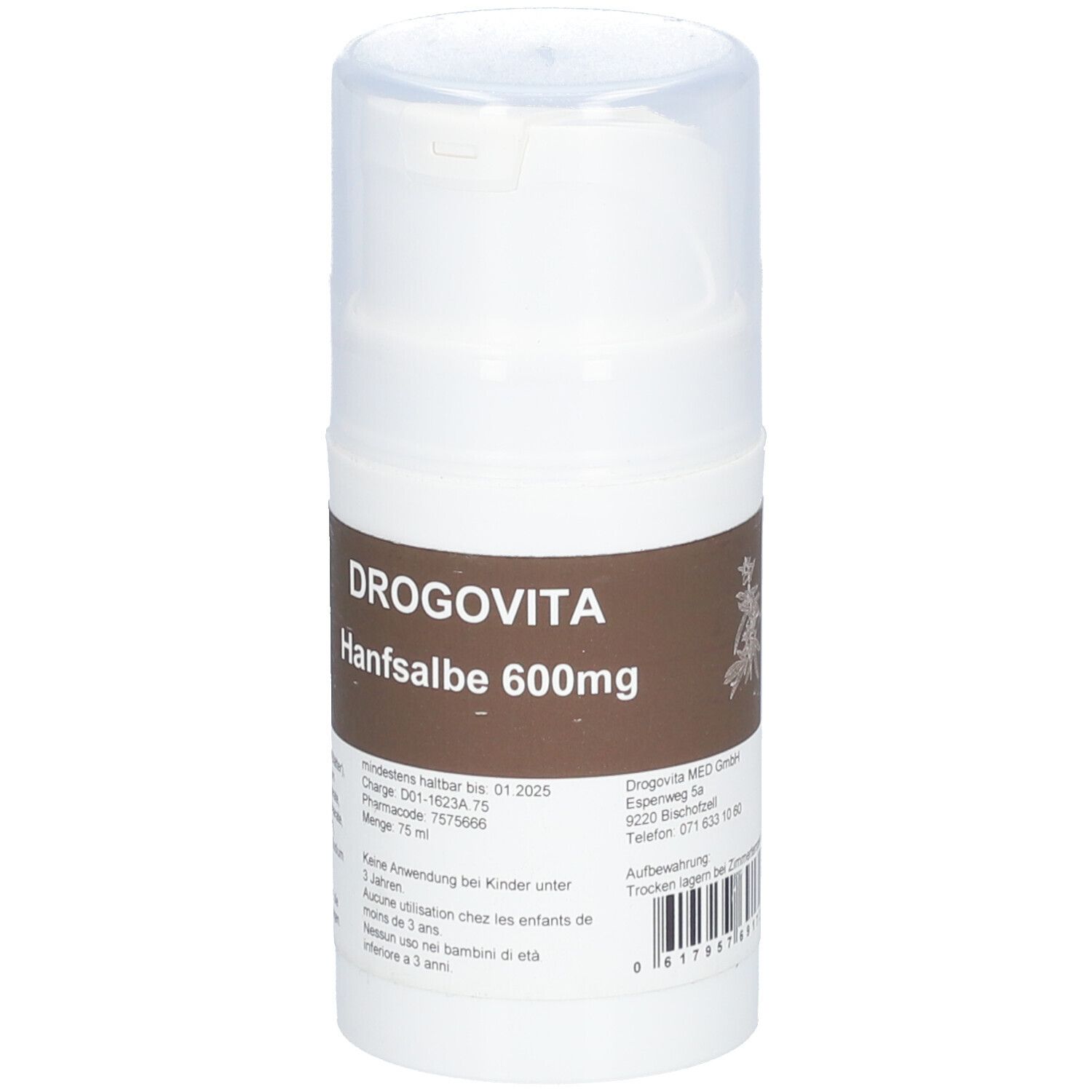 Weiße Flasche mit Klappdeckel. Auf braunem Etikett: DROGOVITA Hanfsalbe 600mg. Text und Barcode.