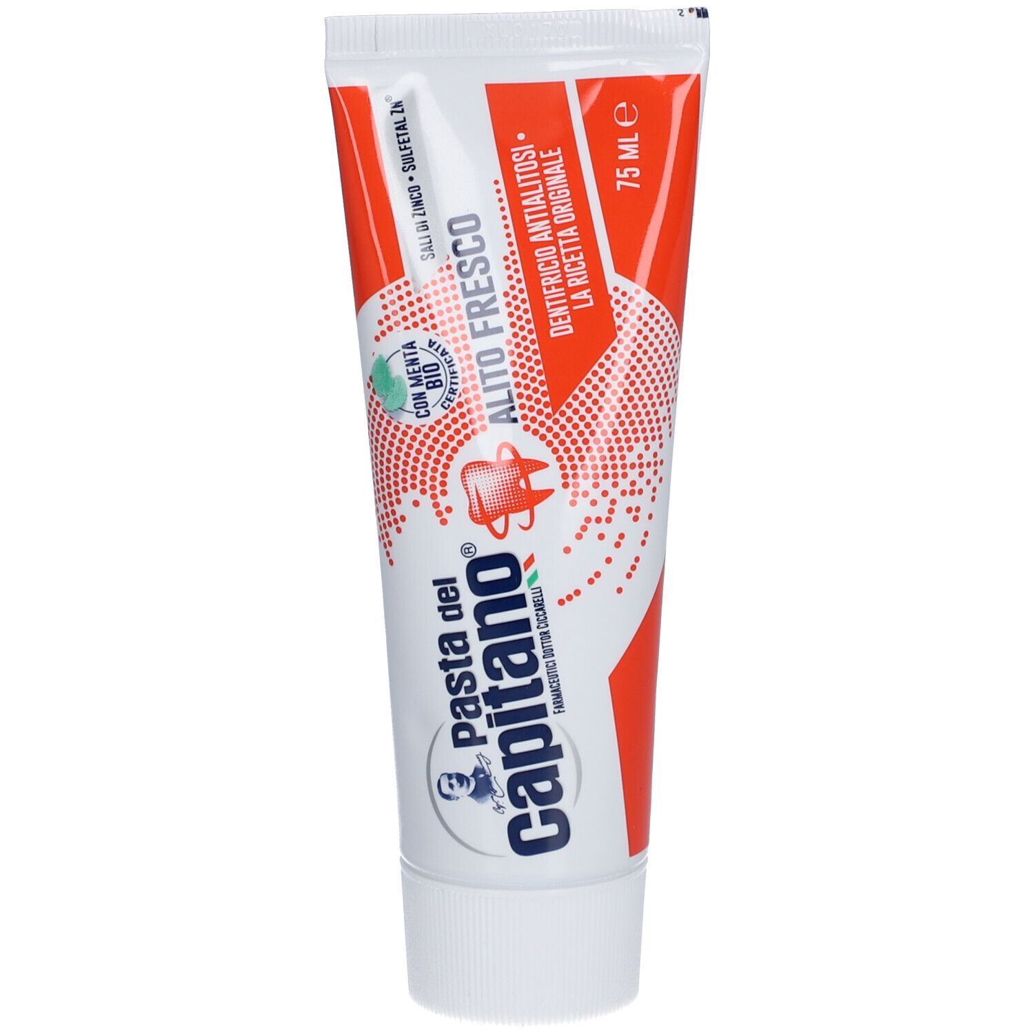 Zahnpasta-Tube mit rotem und weißem Design. Aufschrift: Pasta del Capitano, Alito Fresco, mit Bio-Minze. 75 ml.